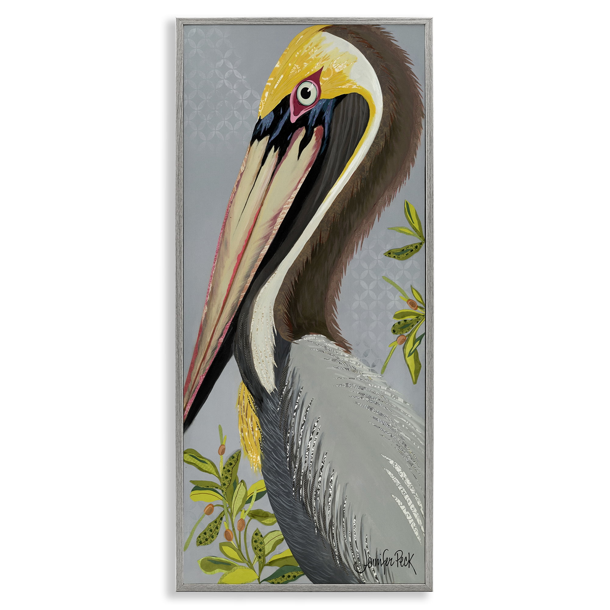 Stupell Industries Pelican on Grey Animals & Insects Painting Gray Framed Art Print Wall Art, 10 x 24
