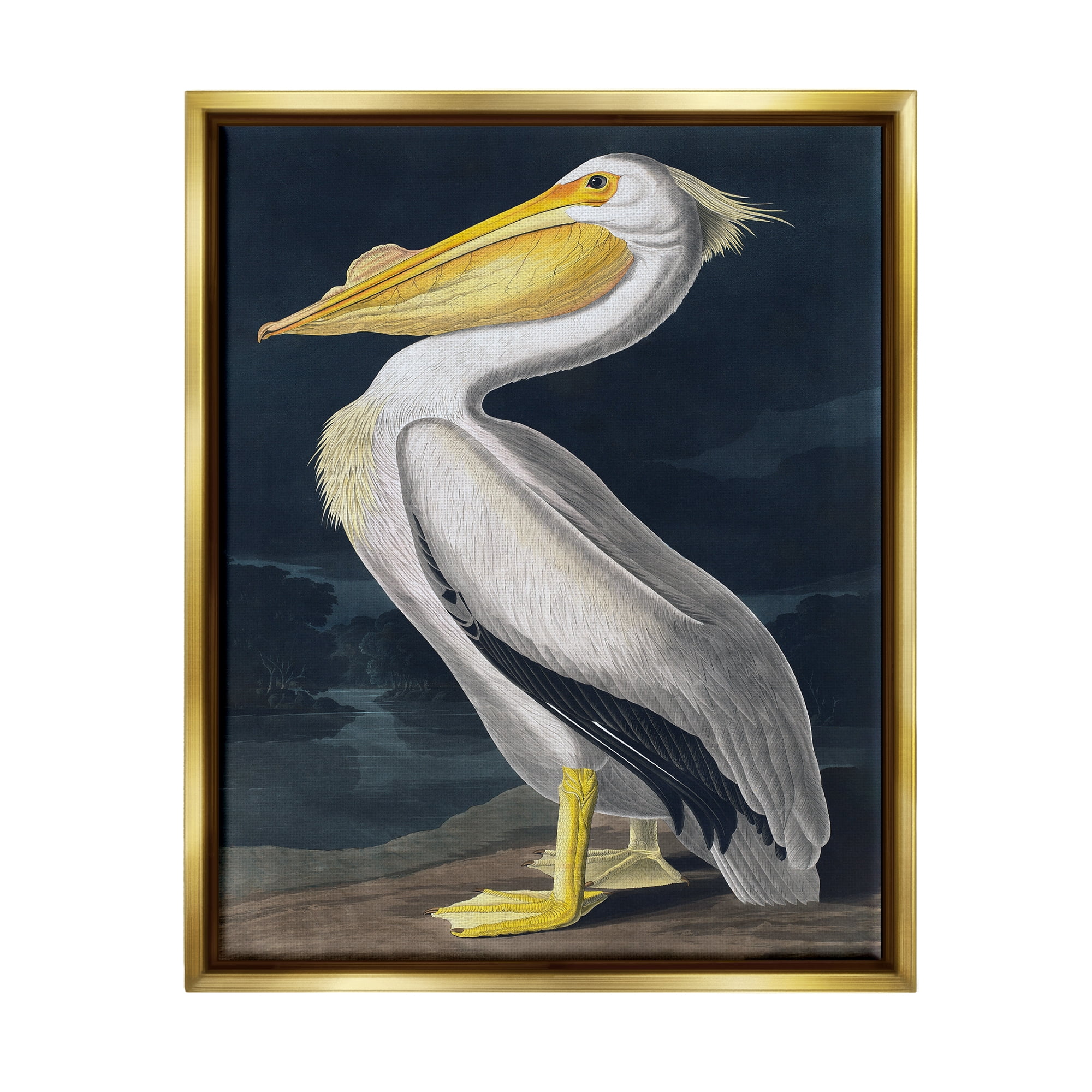 Stupell Industries Pelican on Night Shore Animals & Insects Painting Gold Floater Framed Canvas Art Print Wall Art, 17 x 21