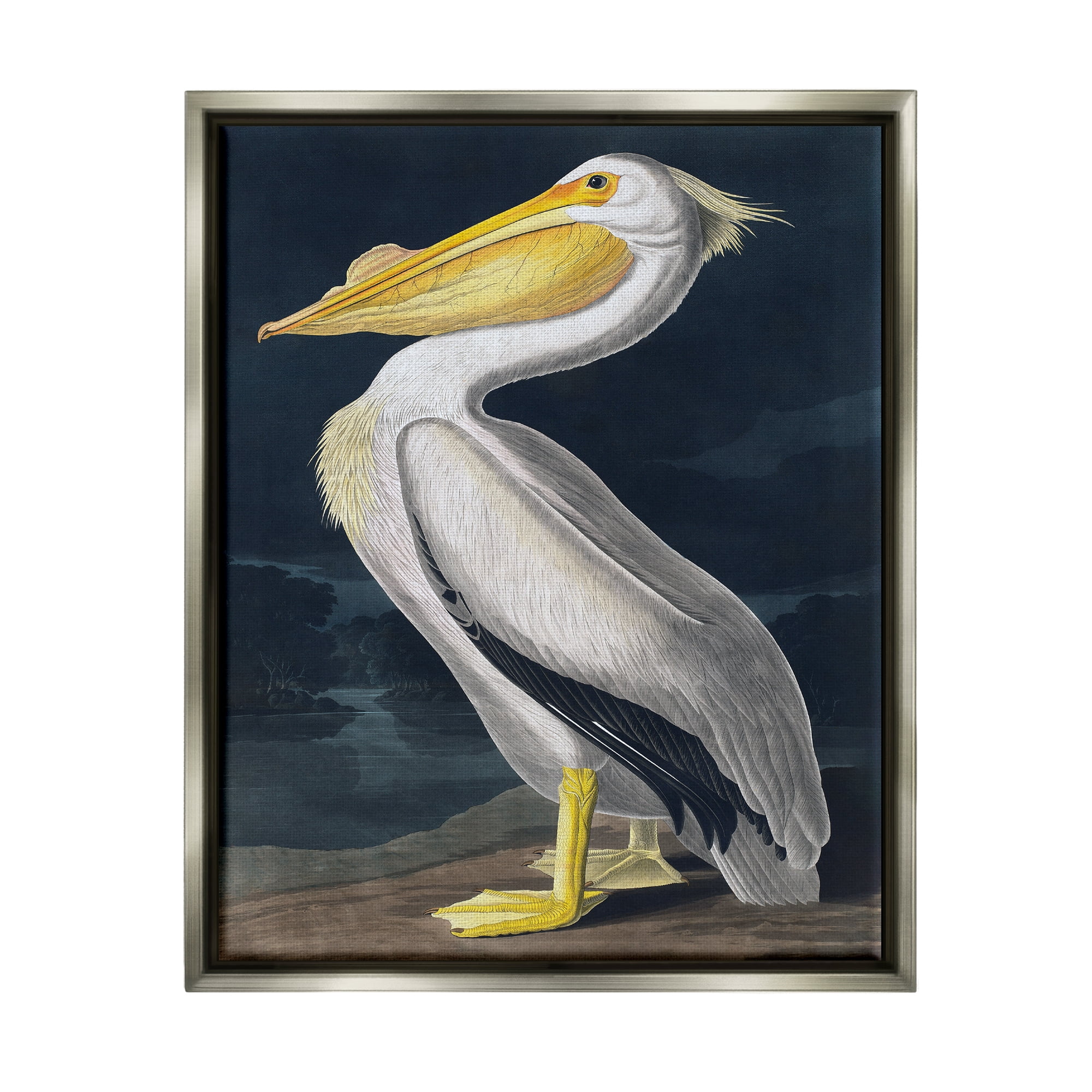 Stupell Industries Pelican on Night Shore Animals & Insects Painting Gray Floater Framed Canvas Art Print Wall Art, 25 x 31