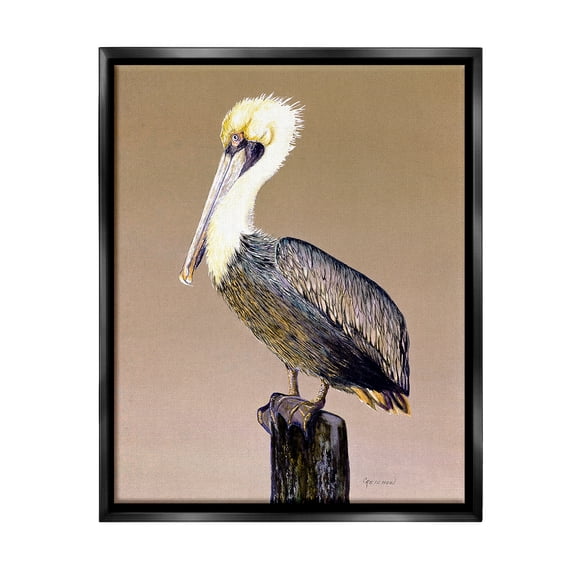 Stupell Industries Pelican on Perch Animals & Insects Painting Black Floater Framed Canvas Art Print Wall Art, 25 x 31