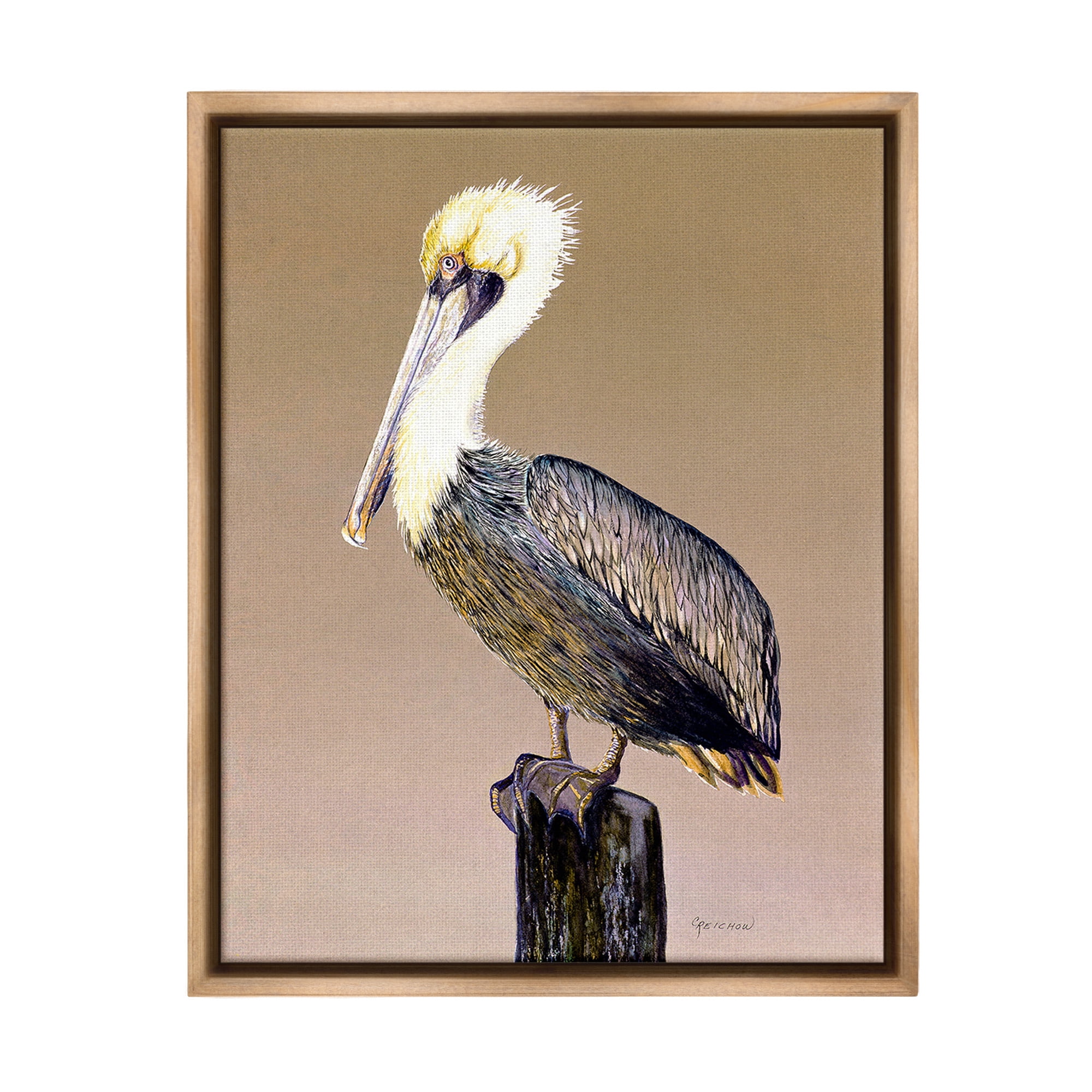 Stupell Industries Pelican on Perch Animals & Insects Painting Brown Floater Framed Canvas Art Print Wall Art, 25 x 31