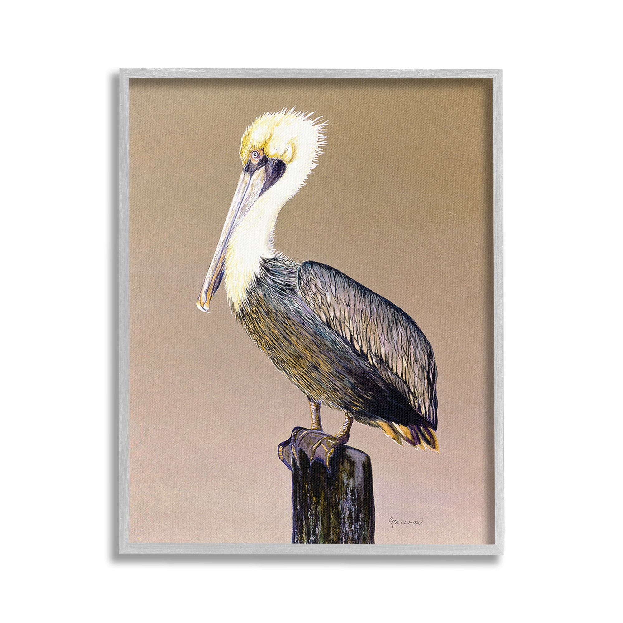 Stupell Industries Pelican on Perch Animals & Insects Painting Gray Framed Art Print Wall Art, 24 x 30