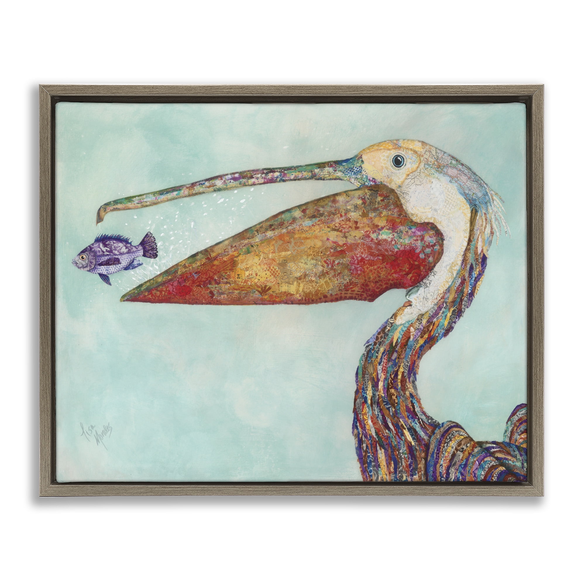 Stupell Industries Pelican's Lost Supper Fish Animals & Insects Painting Brown Floater Framed Canvas Art Print Wall Art, 21 x 17