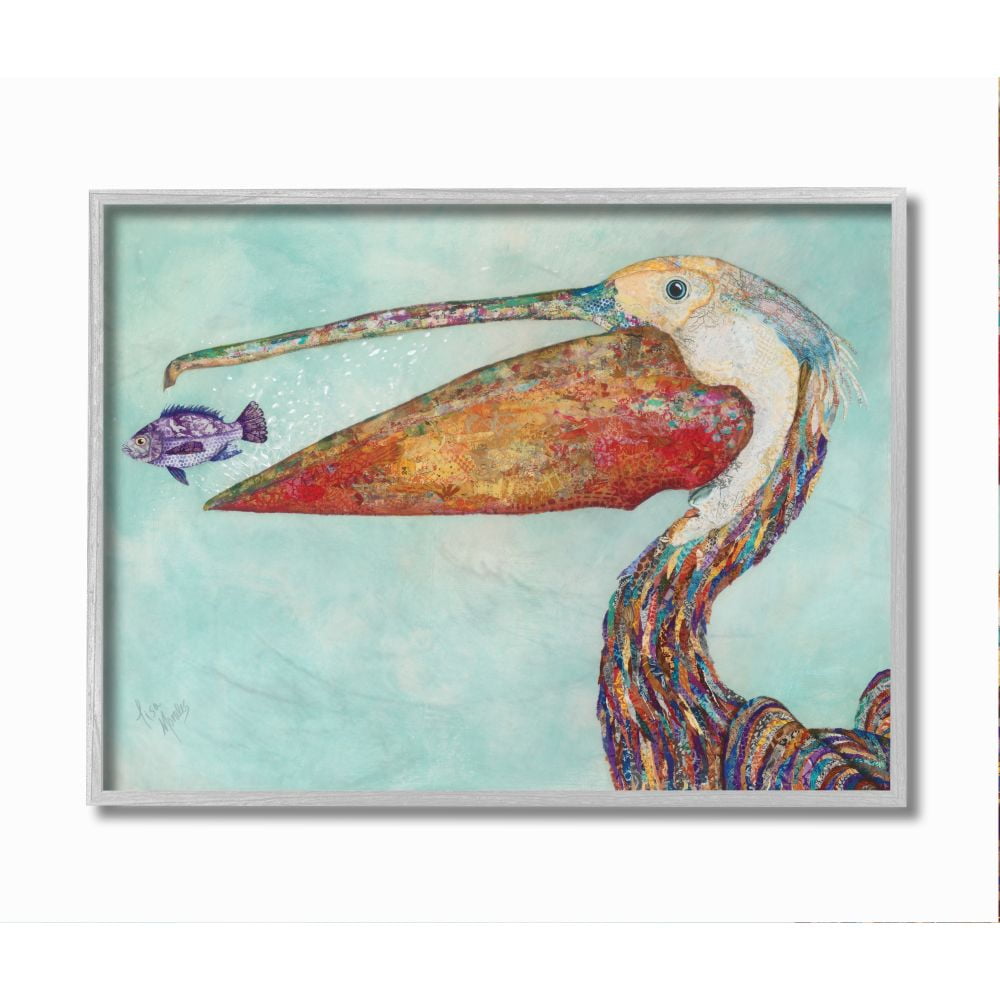 Colorful Pelican and Fish Canvas Print in Ebony Frame