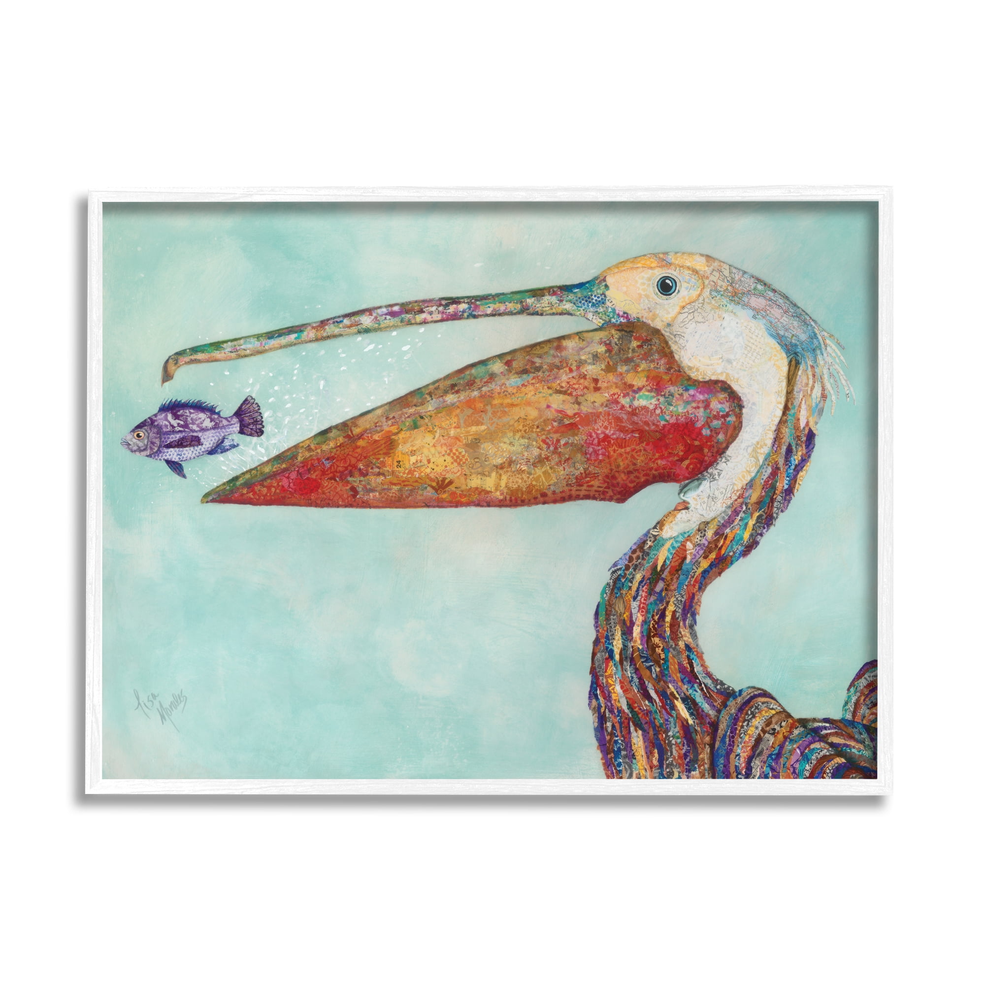 Stupell Industries Pelican's Lost Supper Fish and Patterned Feathers Graphic Art Framed Art Print Wall Art, 30x24, By Lisa Morales