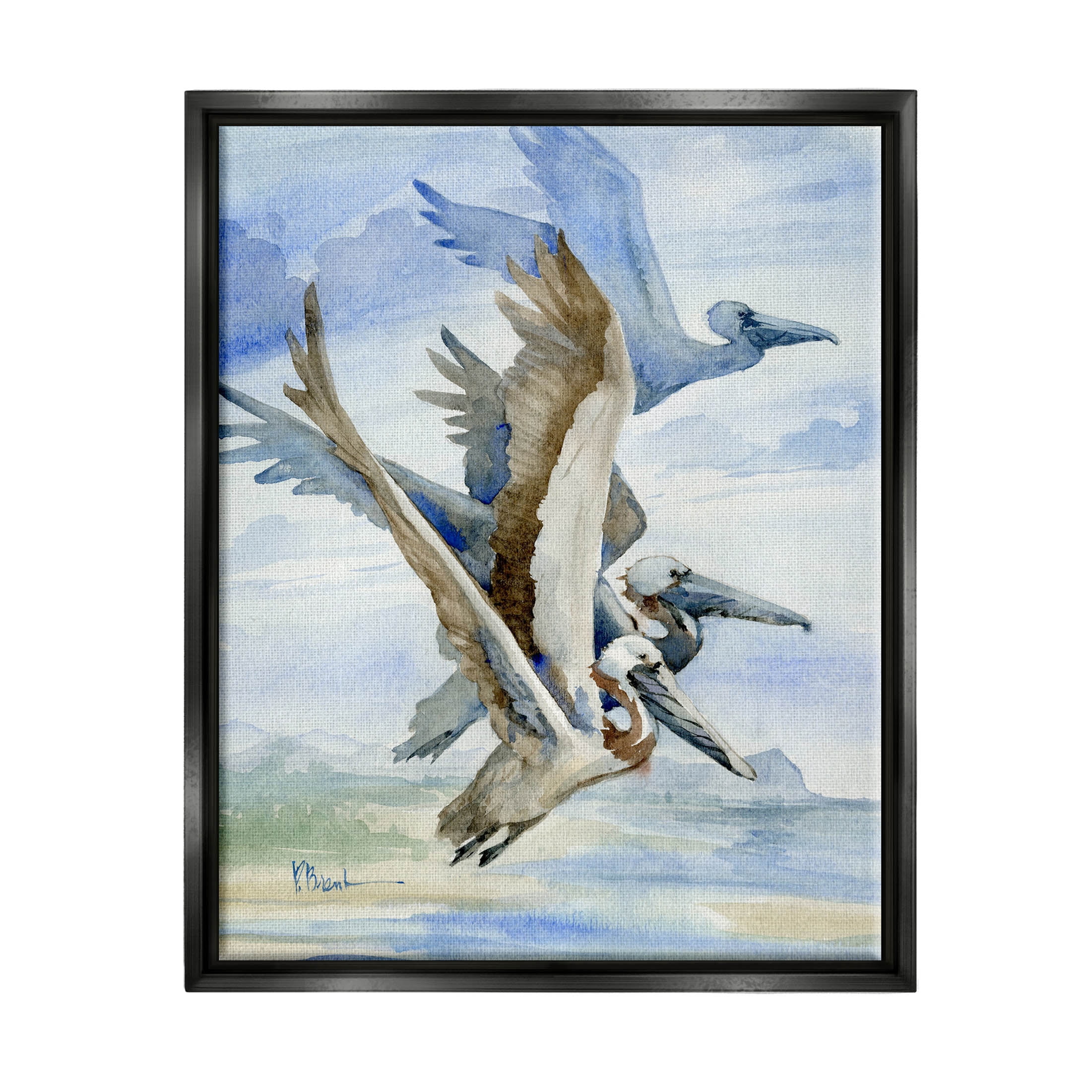Stupell Industries Pelicans Aloft Bird Flight Trio Painting Jet Black Floating Framed Canvas Print Wall Art, Design by Paul Brent