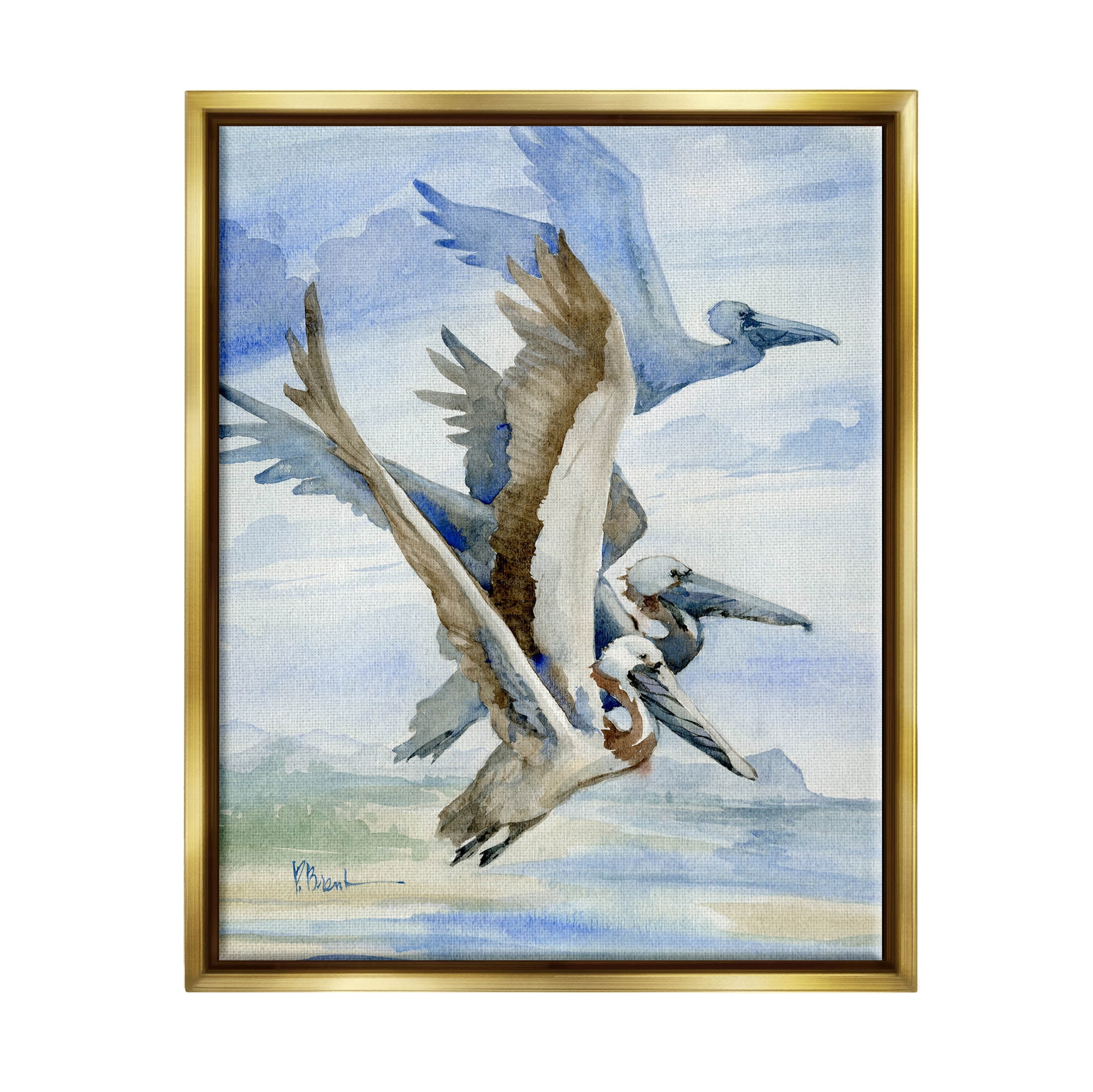 Stupell Industries Pelicans Aloft Bird Flight Trio Painting Metallic Gold Floating Framed Canvas Print Wall Art, Design by Paul Brent