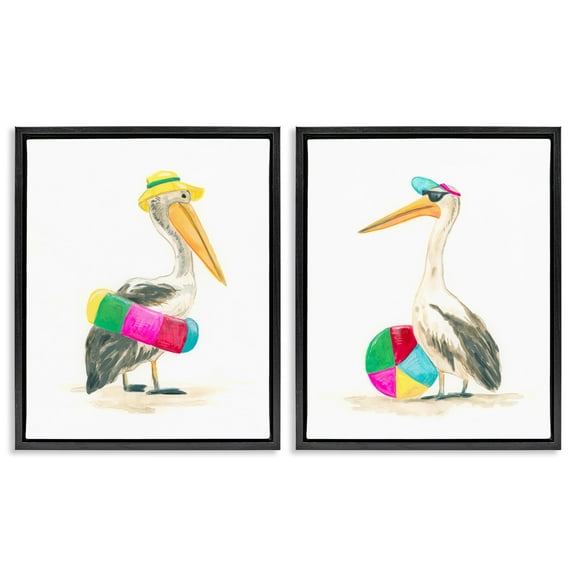 Stupell Industries Pelicans & Beach Floats Animals Painting Black Floater Framed Canvas Art Print Wall Art, 21 x 17, Set of 2