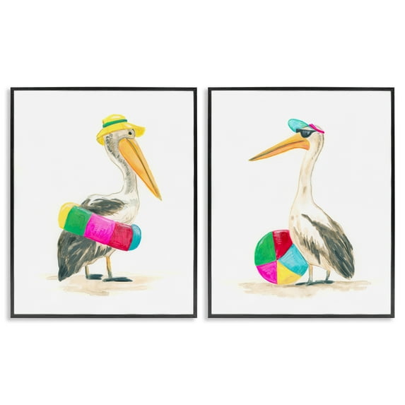 Stupell Industries Pelicans & Beach Floats Animals Painting Black Framed Art Print Wall Art, 24 x 30, Set of 2