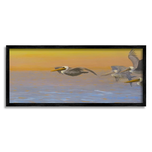 Stupell Industries Pelicans Flying Ocean Sunrise Coastal Painting Black Framed Art Print Wall Art