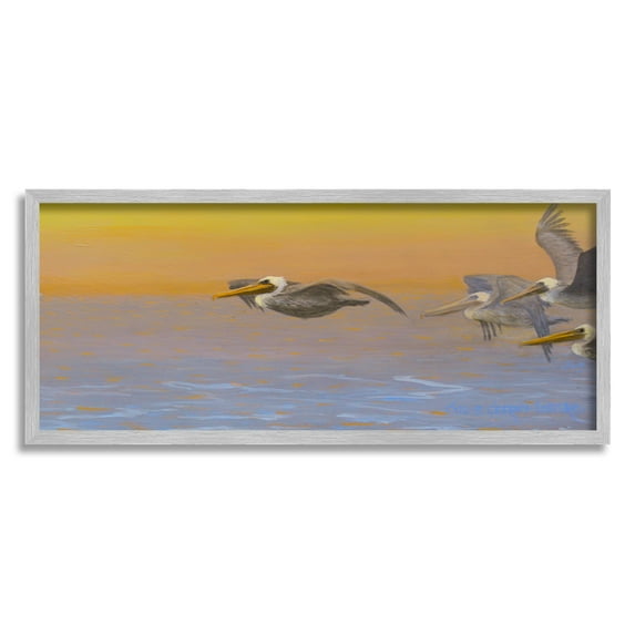 Stupell Industries Pelicans Flying Ocean Sunrise Coastal Painting Gray Framed Art Print Wall Art
