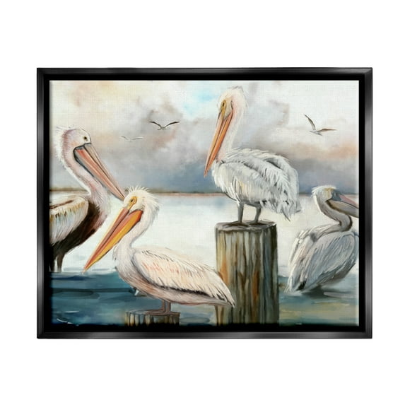 Stupell Industries Pelicans Perched Cloudy Horizon Coastal Painting Black Floater Framed Art Print Wall Art