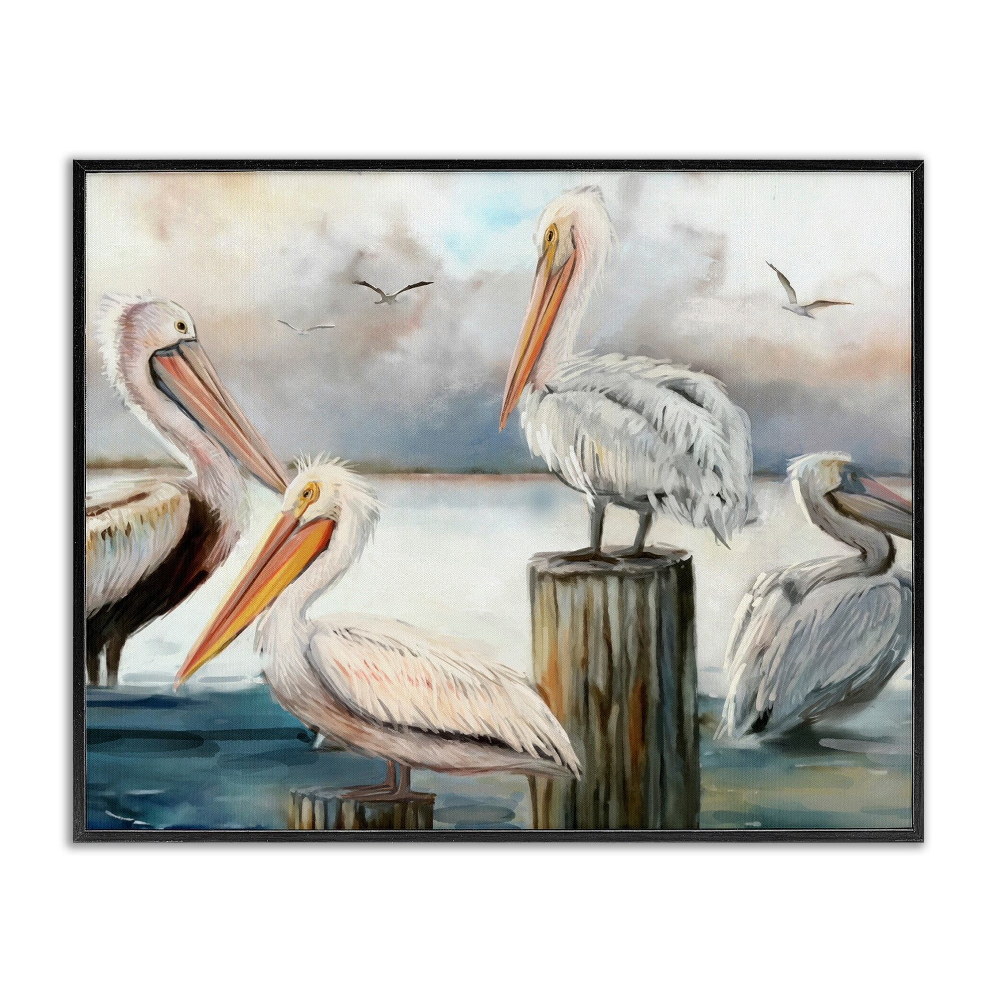 Stupell Industries Pelicans Perched Cloudy Horizon Coastal Painting Black Framed Art Print Wall Art