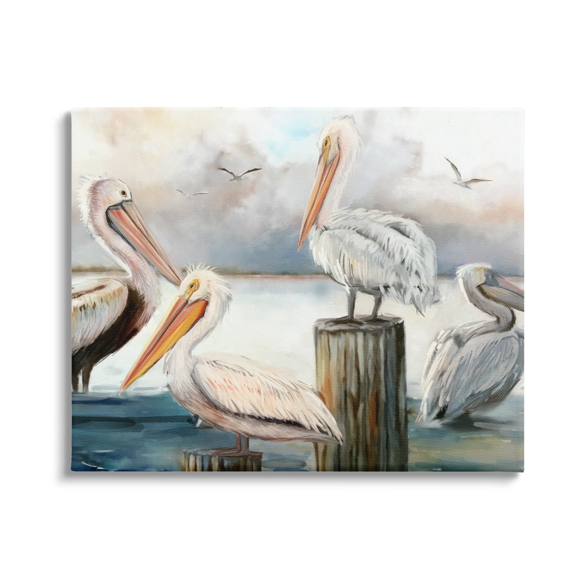 Pelicans Perched Cloudy Horizon 24x30 Canvas Wall Art
