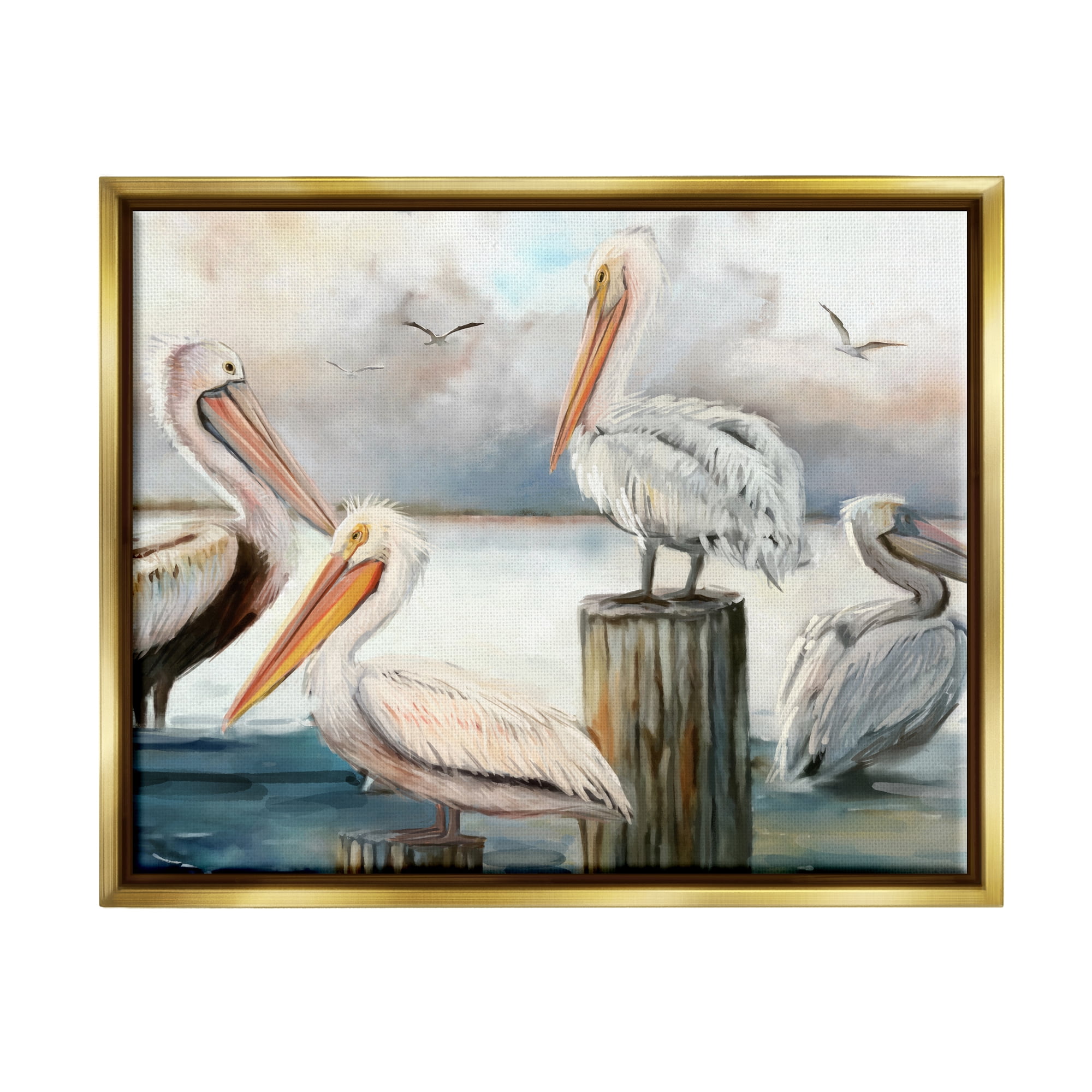 Stupell Industries Pelicans Perched Cloudy Horizon Coastal Painting Gold Floater Framed Art Print Wall Art