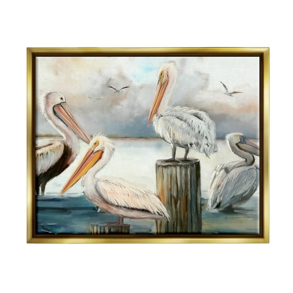 Stupell Industries Pelicans Perched Cloudy Horizon Coastal Painting Gold Floater Framed Art Print Wall Art