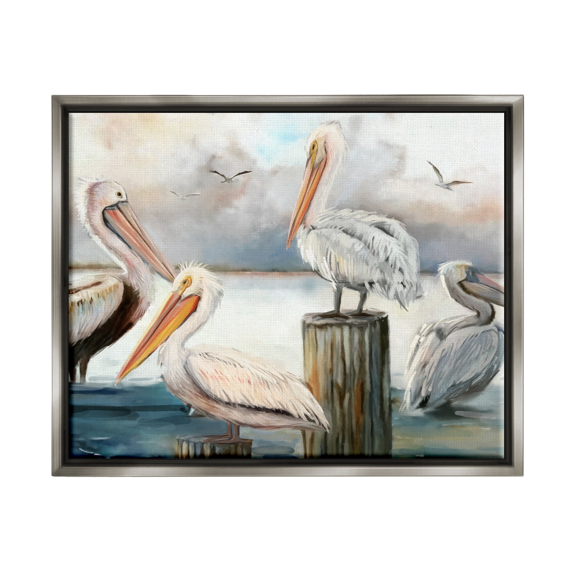 Stupell Industries Pelicans Perched Cloudy Horizon Coastal Painting Gray Floater Framed Art Print Wall Art
