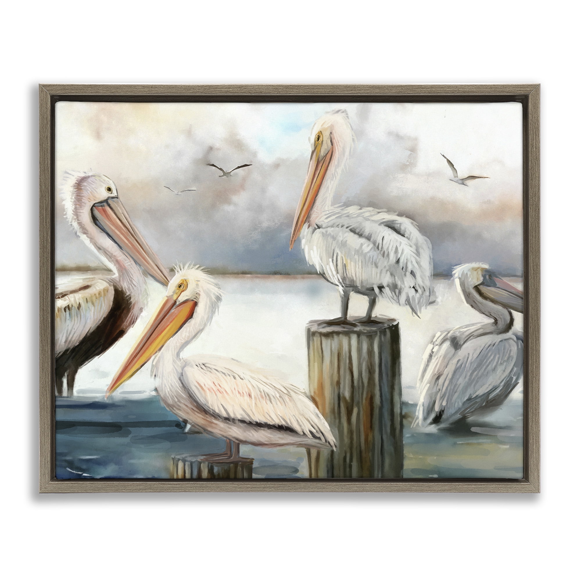 Stupell Industries Pelicans Perched Cloudy Horizon Nature Painting Brown Floater Framed Canvas Art Print Wall Art, 21 x 17