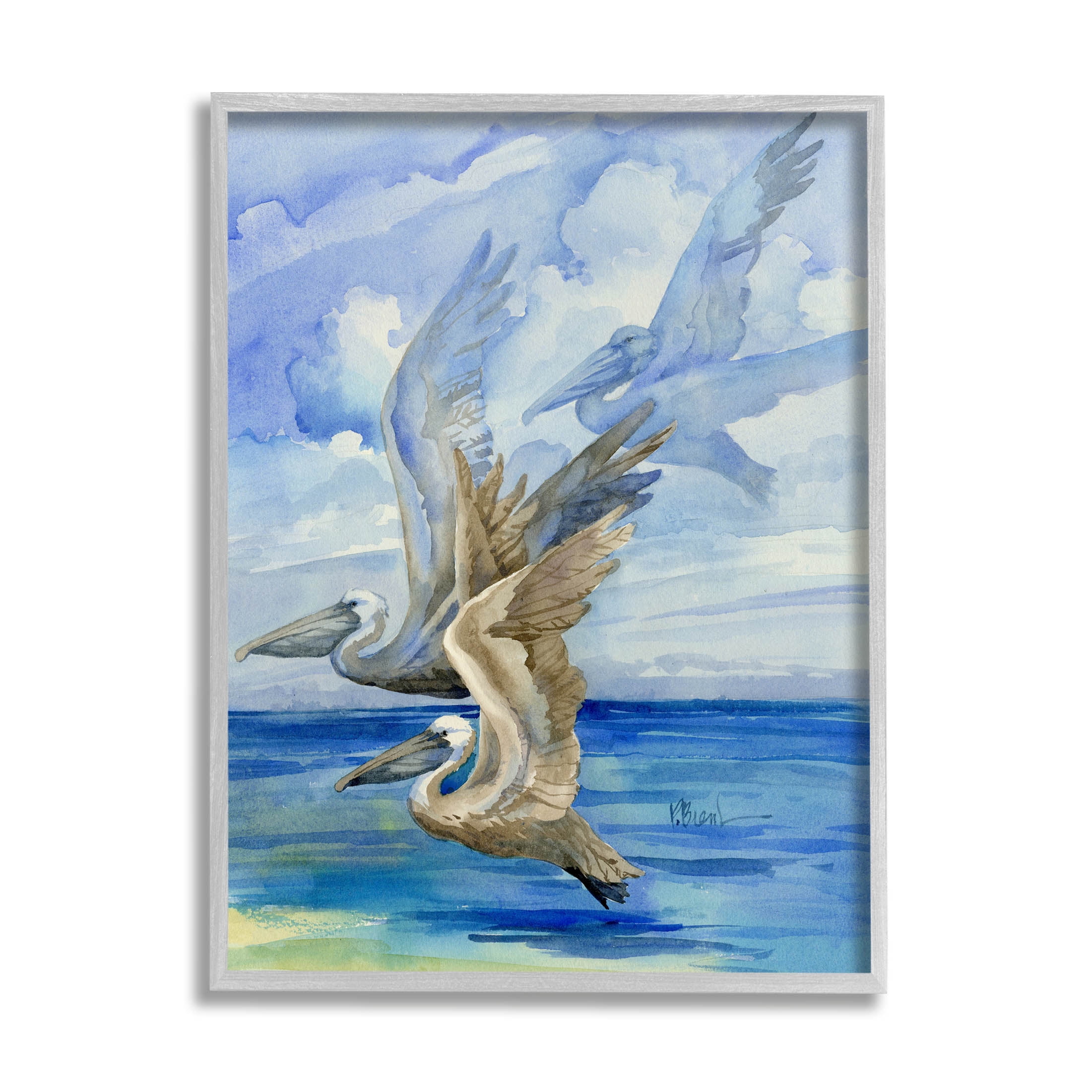 Stupell Industries Pelicans Trio Over Ocean Shore Painting Gray Framed Art Print Wall Art, Design by Paul Brent