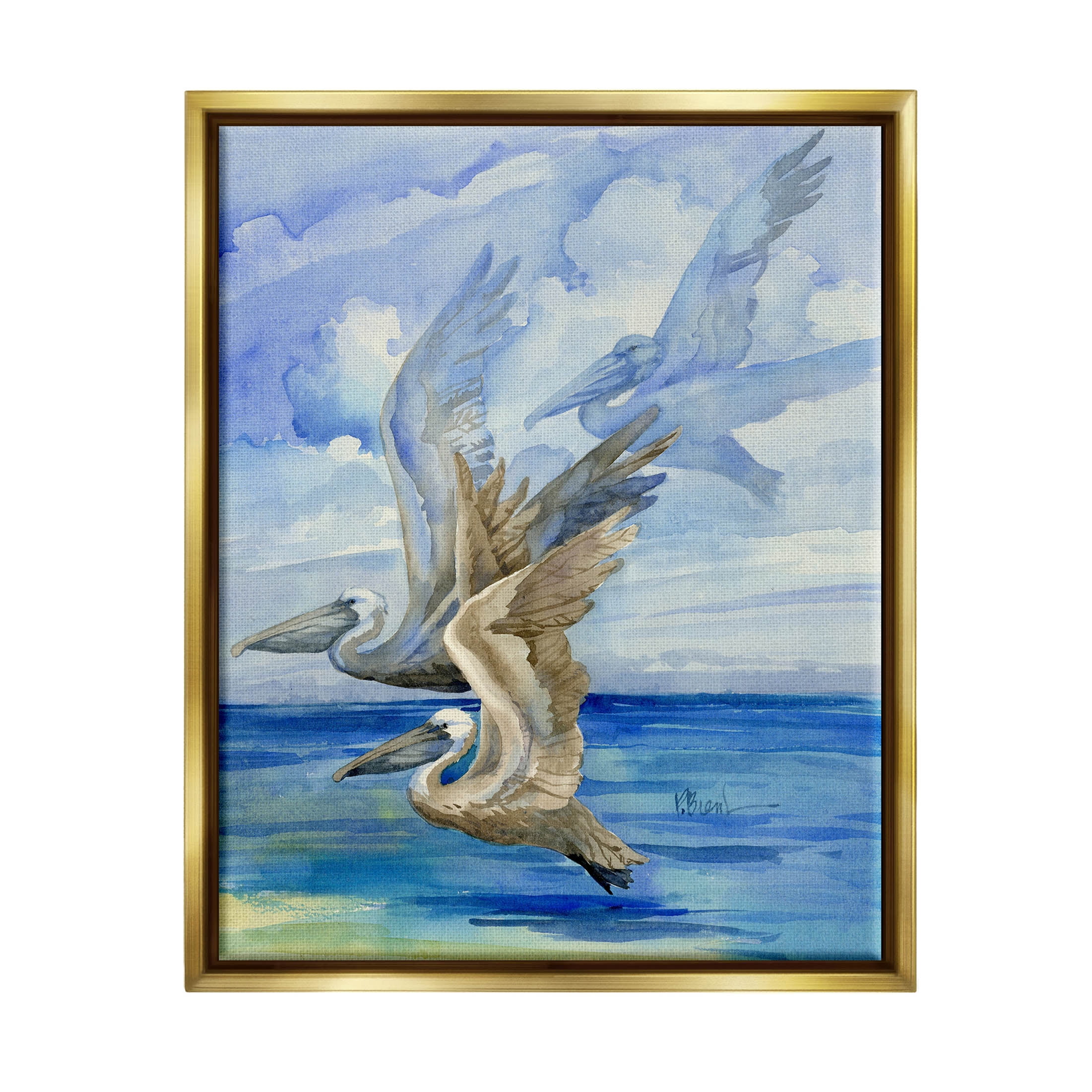 Stupell Industries Pelicans Trio Over Ocean Shore Painting Metallic Gold Floating Framed Canvas Print Wall Art, Design by Paul Brent