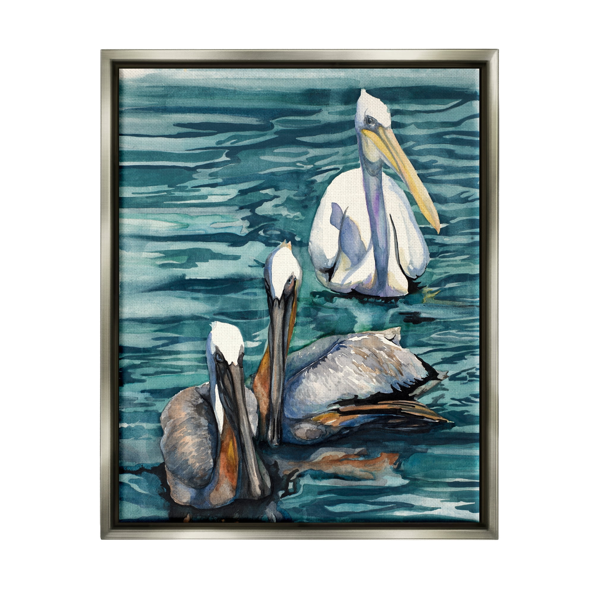 Stupell Industries Pelicans at Sea Painting Animals & Insects Painting Gray Floater Framed Art Print Wall Art, 25 x 31