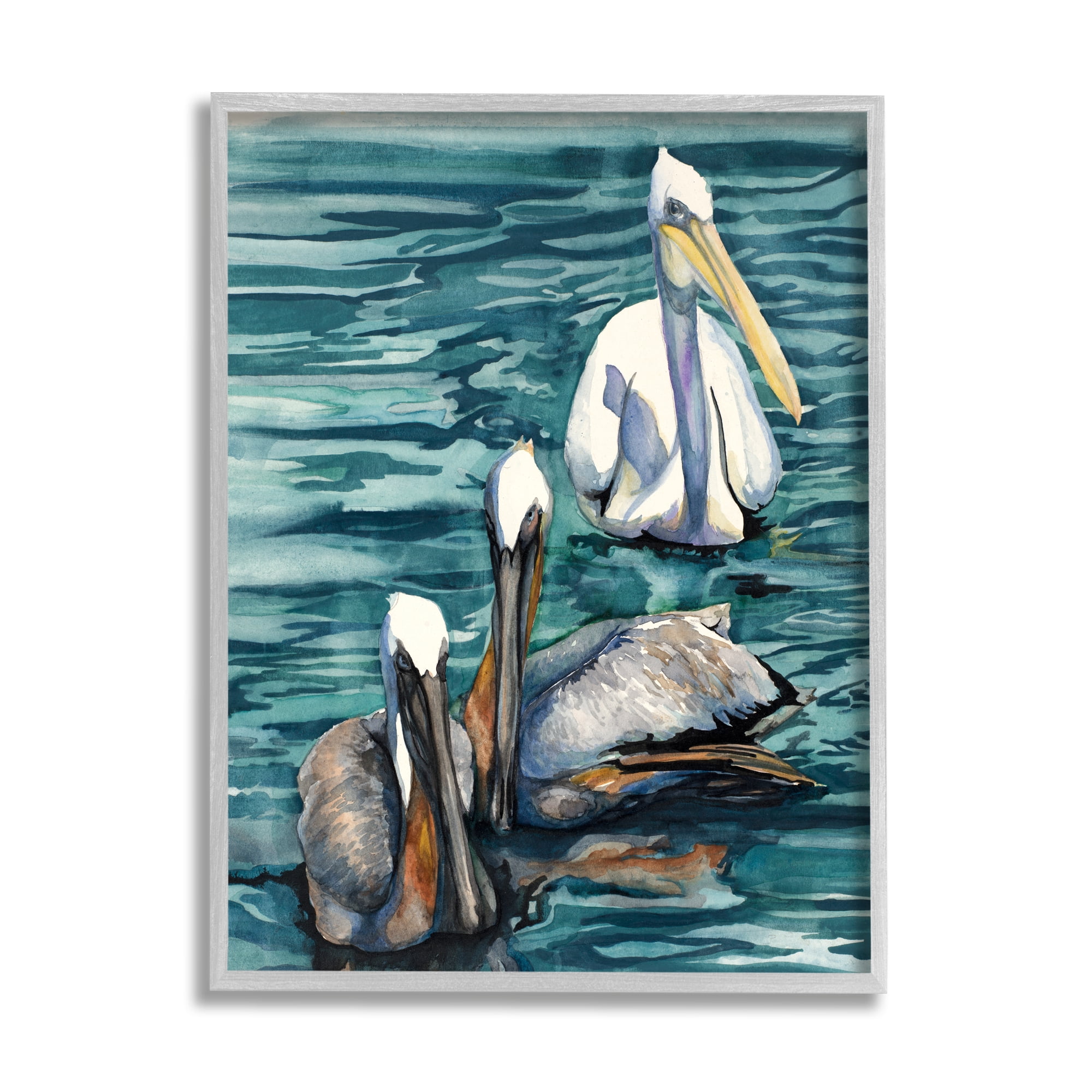 Stupell Industries Pelicans at Sea Painting Animals & Insects Painting Gray Framed Art Print Wall Art, 24 x 30