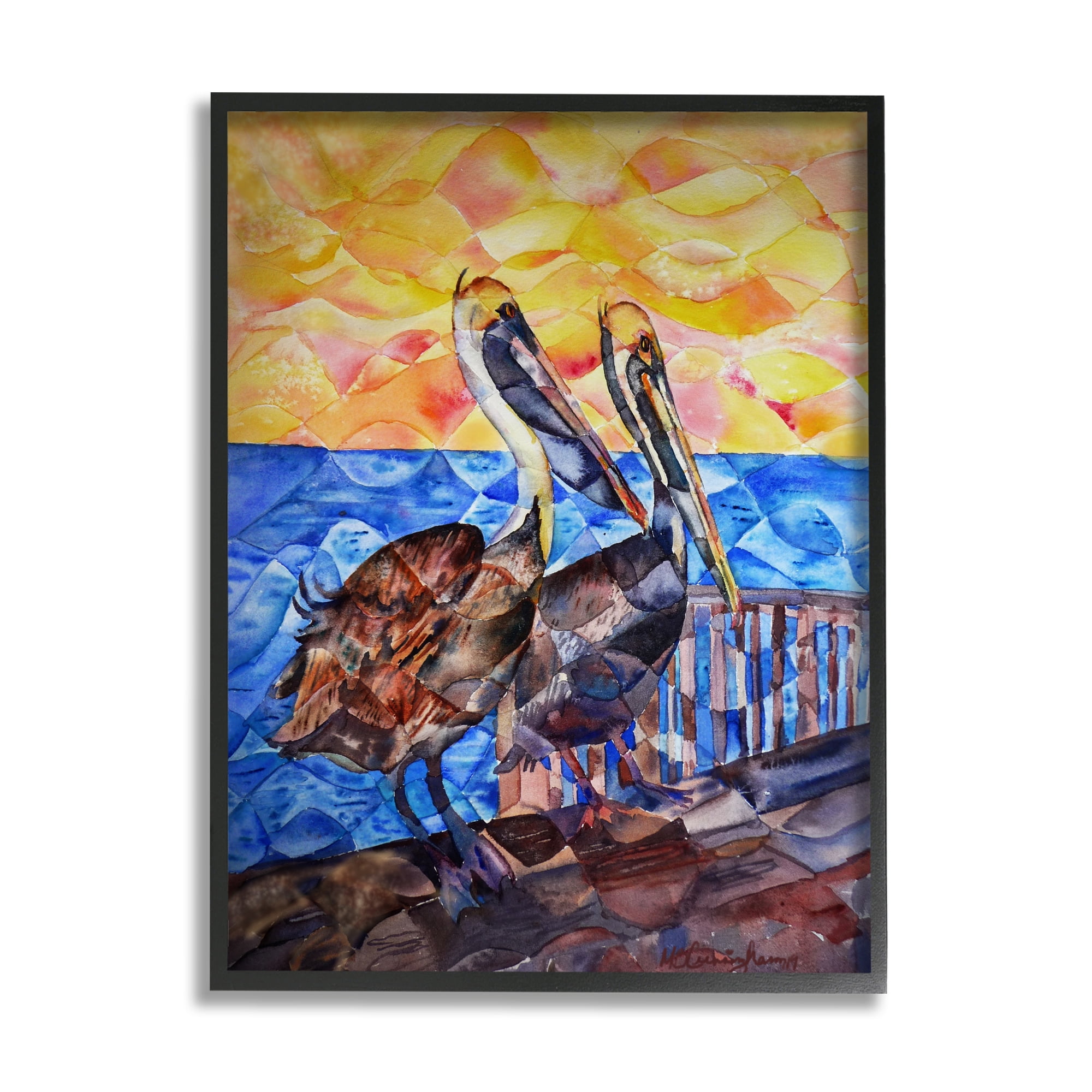 Stupell Industries Pelicans on Dock Painting Animals & Insects Painting Black Framed Art Print Wall Art, 24 x 30
