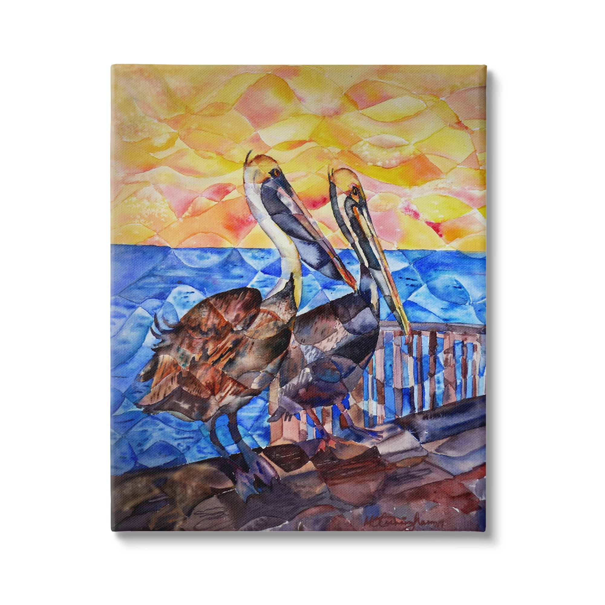 Stupell Industries Pelicans on Dock Painting Animals & Insects Painting Gallery Wrapped Canvas Print Wall Art, 30 x 40