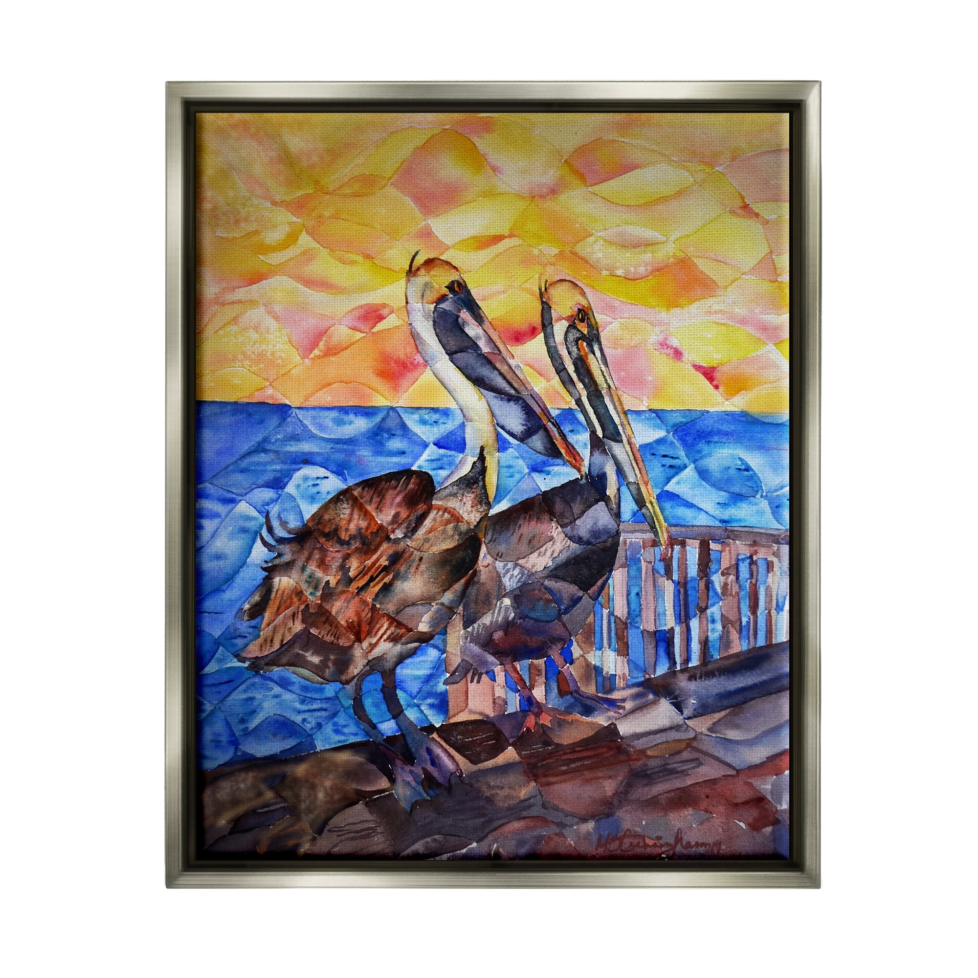 Stupell Industries Pelicans on Dock Painting Animals & Insects Painting Gray Floater Framed Art Print Wall Art, 17 x 21