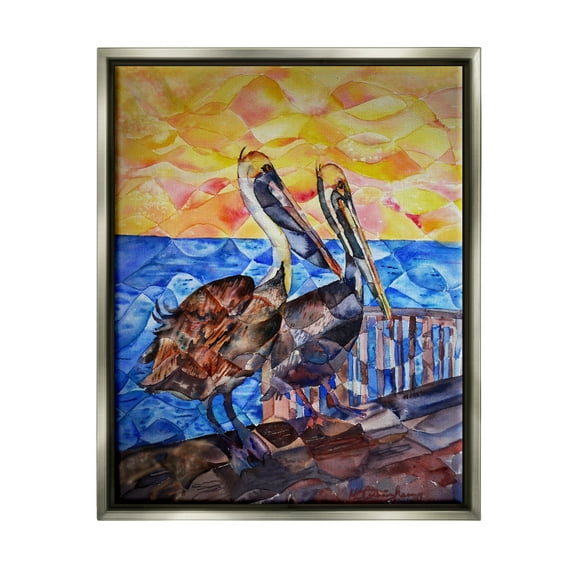 Stupell Industries Pelicans on Dock Painting Animals & Insects Painting Gray Floater Framed Art Print Wall Art, 17 x 21