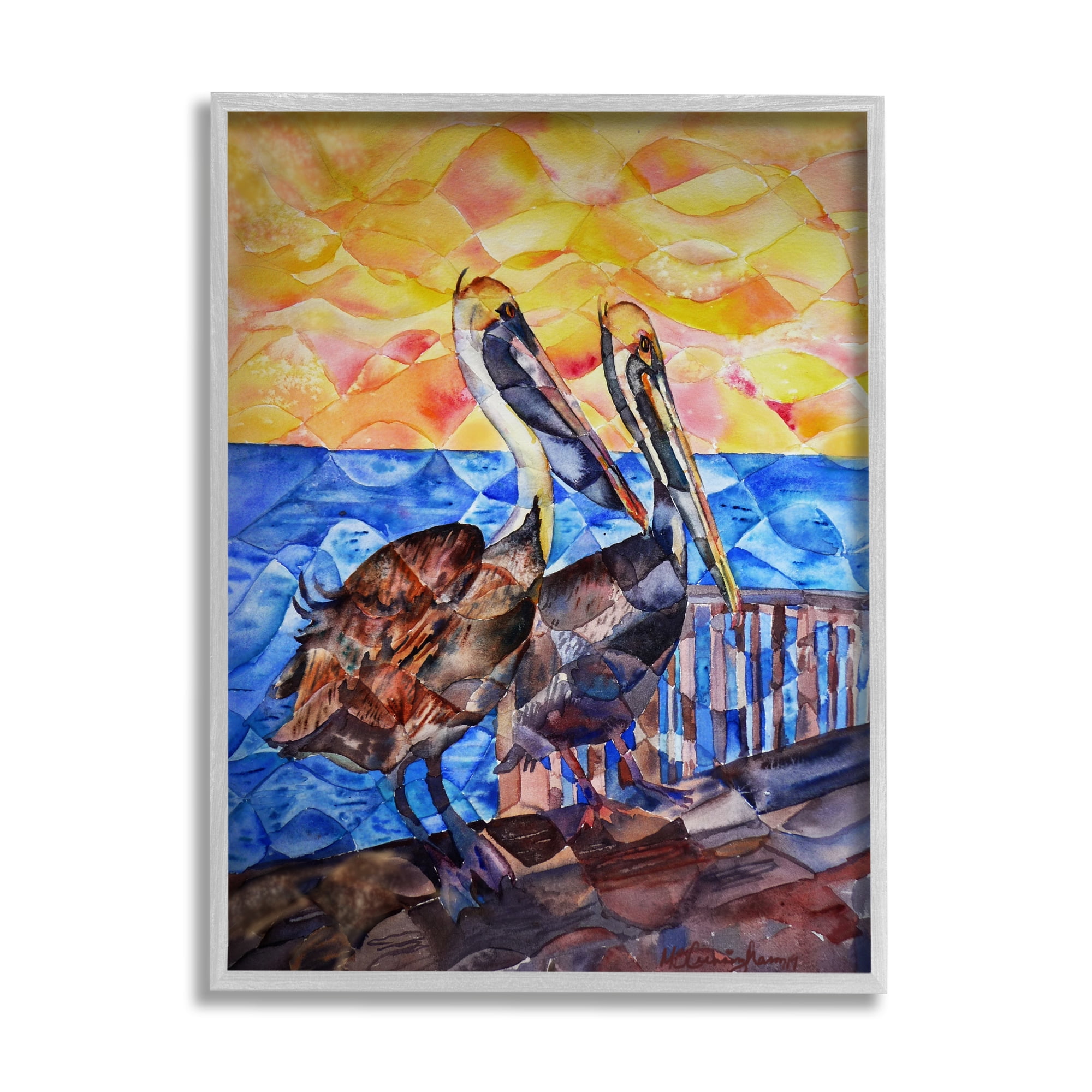 Stupell Industries Pelicans on Dock Painting Animals & Insects Painting Gray Framed Art Print Wall Art, 16 x 20