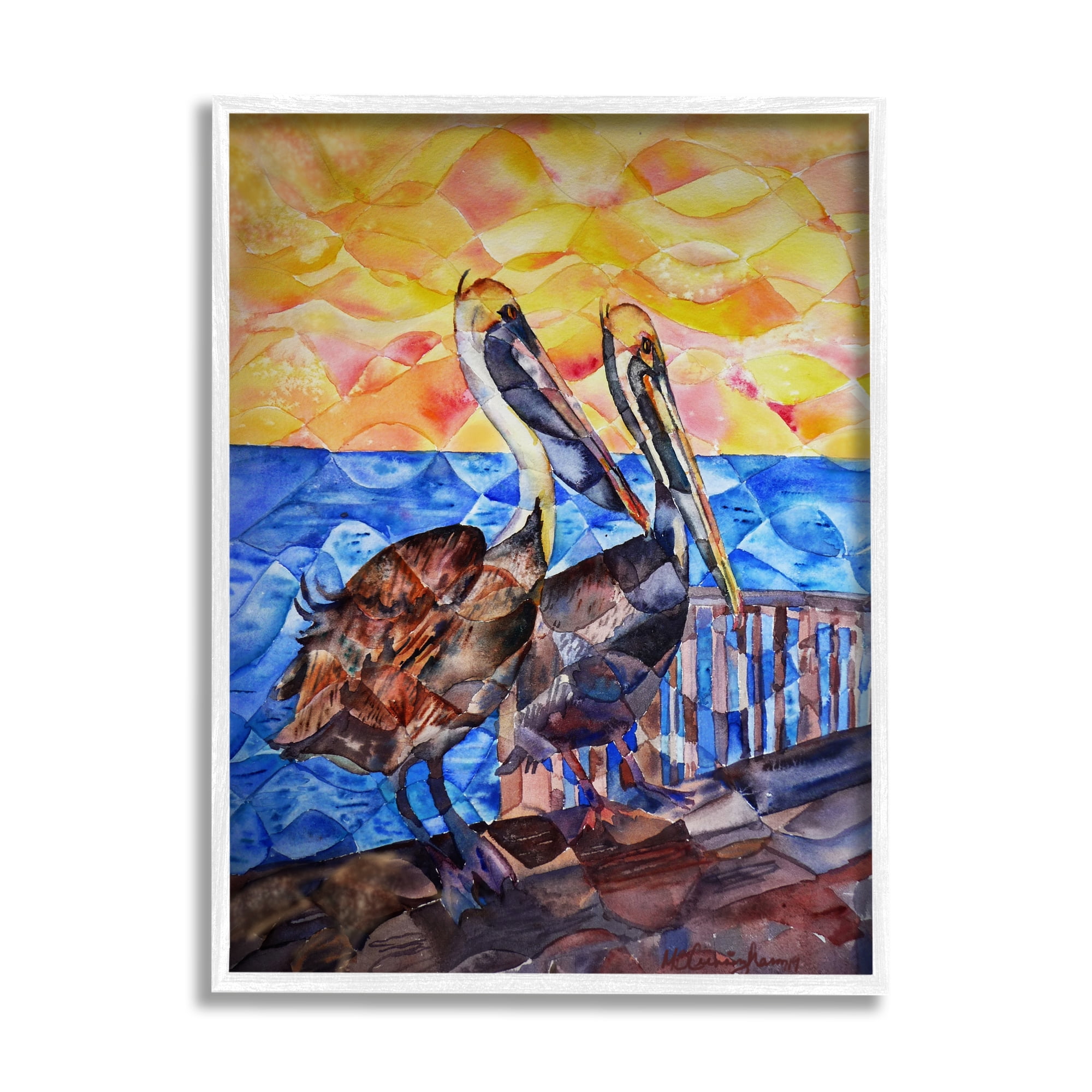 Stupell Industries Pelicans on Dock Painting Animals & Insects Painting White Framed Art Print Wall Art, 24 x 30