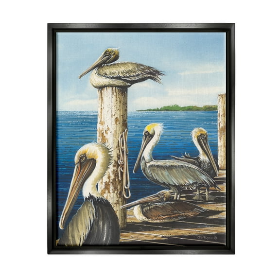 Stupell Industries Pelicans on Marine Dock Animals & Insects Painting Black Floater Framed Art Print Wall Art, 17 x 21