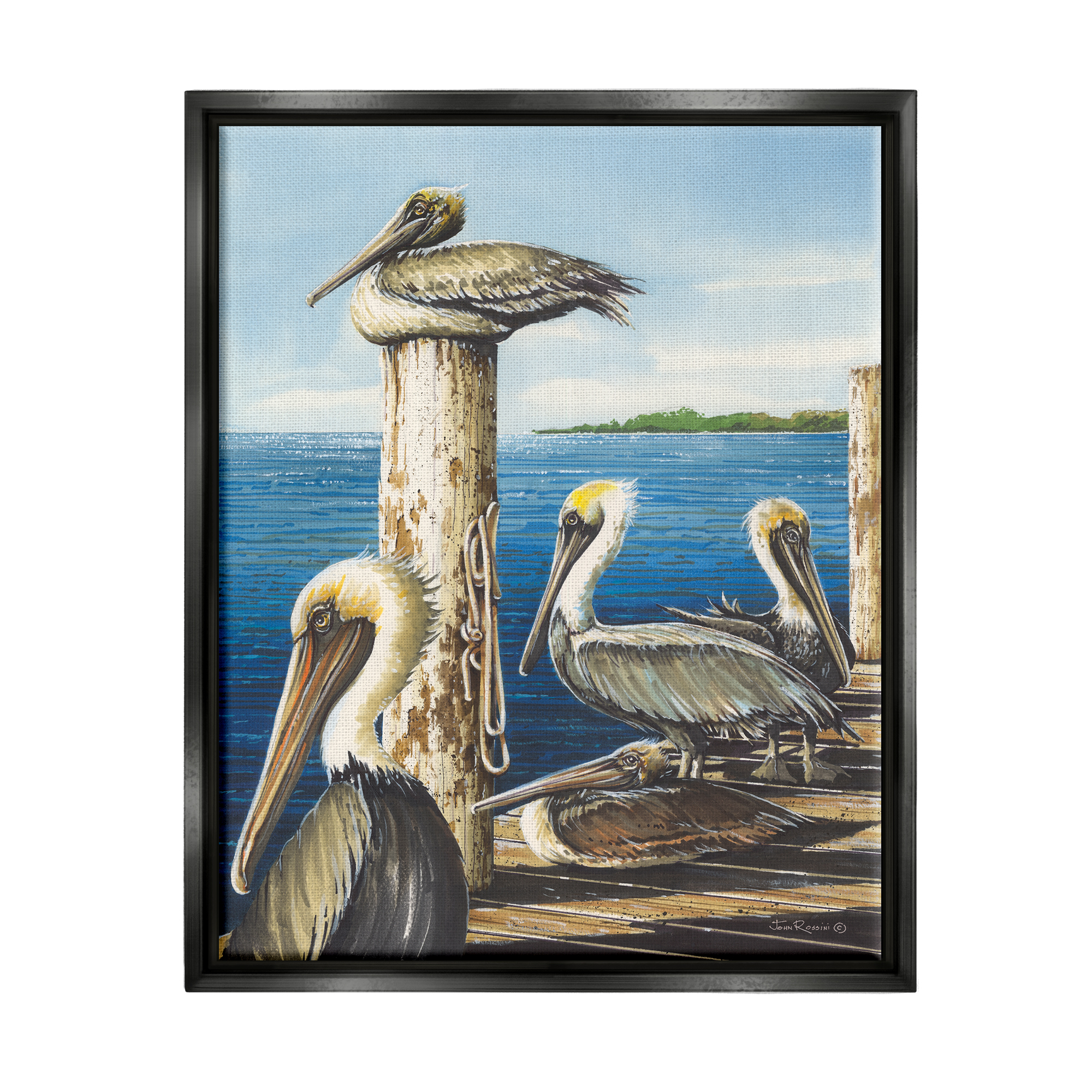 Stupell Industries Pelicans on Marine Dock Animals & Insects Painting Black Floater Framed Art Print Wall Art, 25 x 31