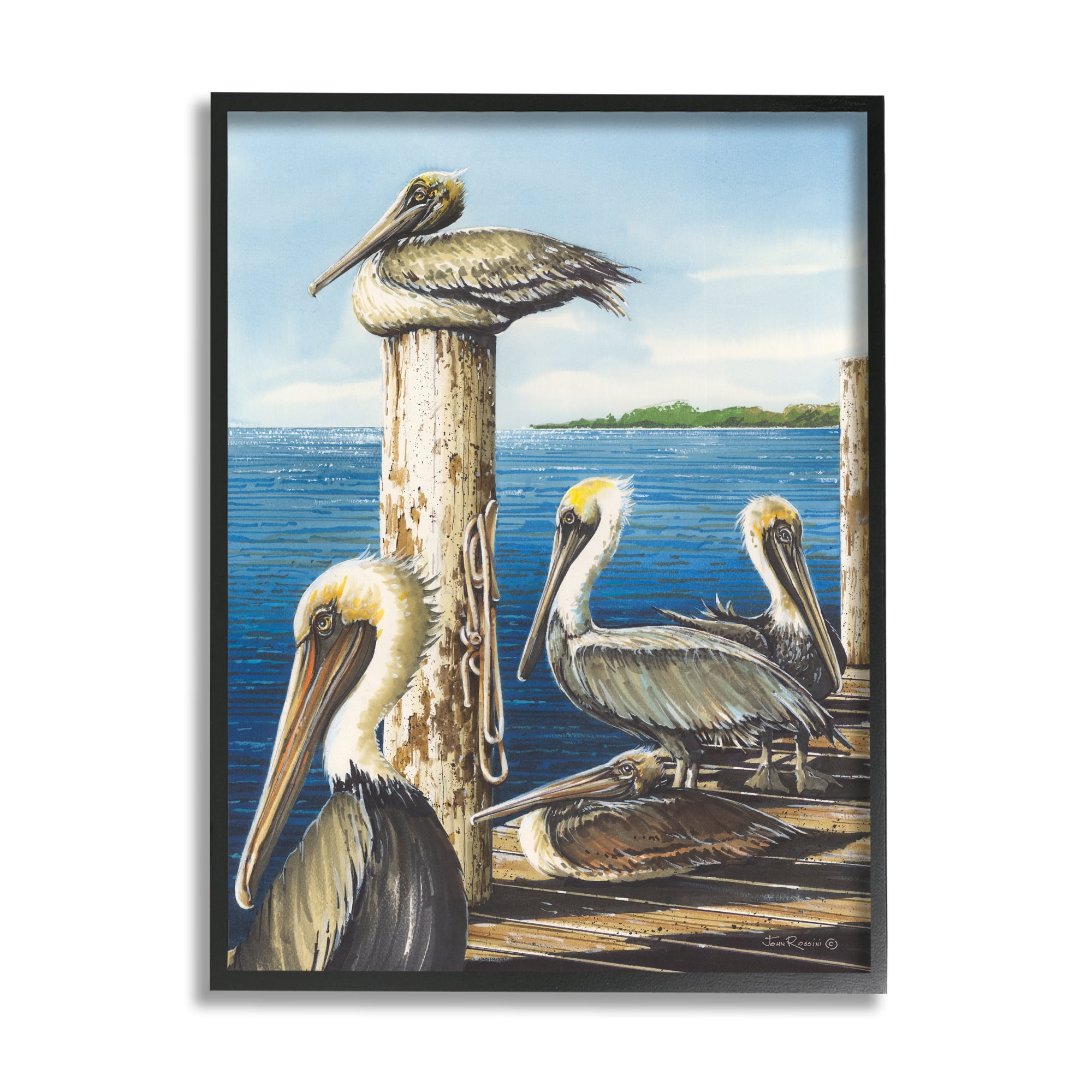 Stupell Industries Pelicans on Marine Dock Animals & Insects Painting Black Framed Art Print Wall Art, 16 x 20