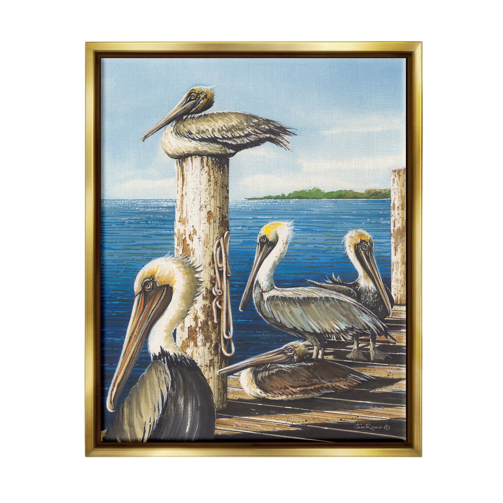 Stupell Industries Pelicans on Marine Dock Animals & Insects Painting Gold Floater Framed Art Print Wall Art, 17 x 21
