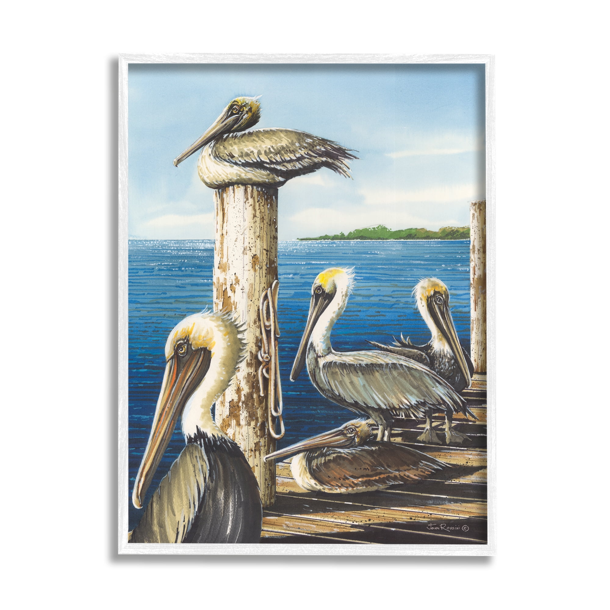 Stupell Industries Pelicans on Marine Dock Animals & Insects Painting White Framed Art Print Wall Art, 16 x 20