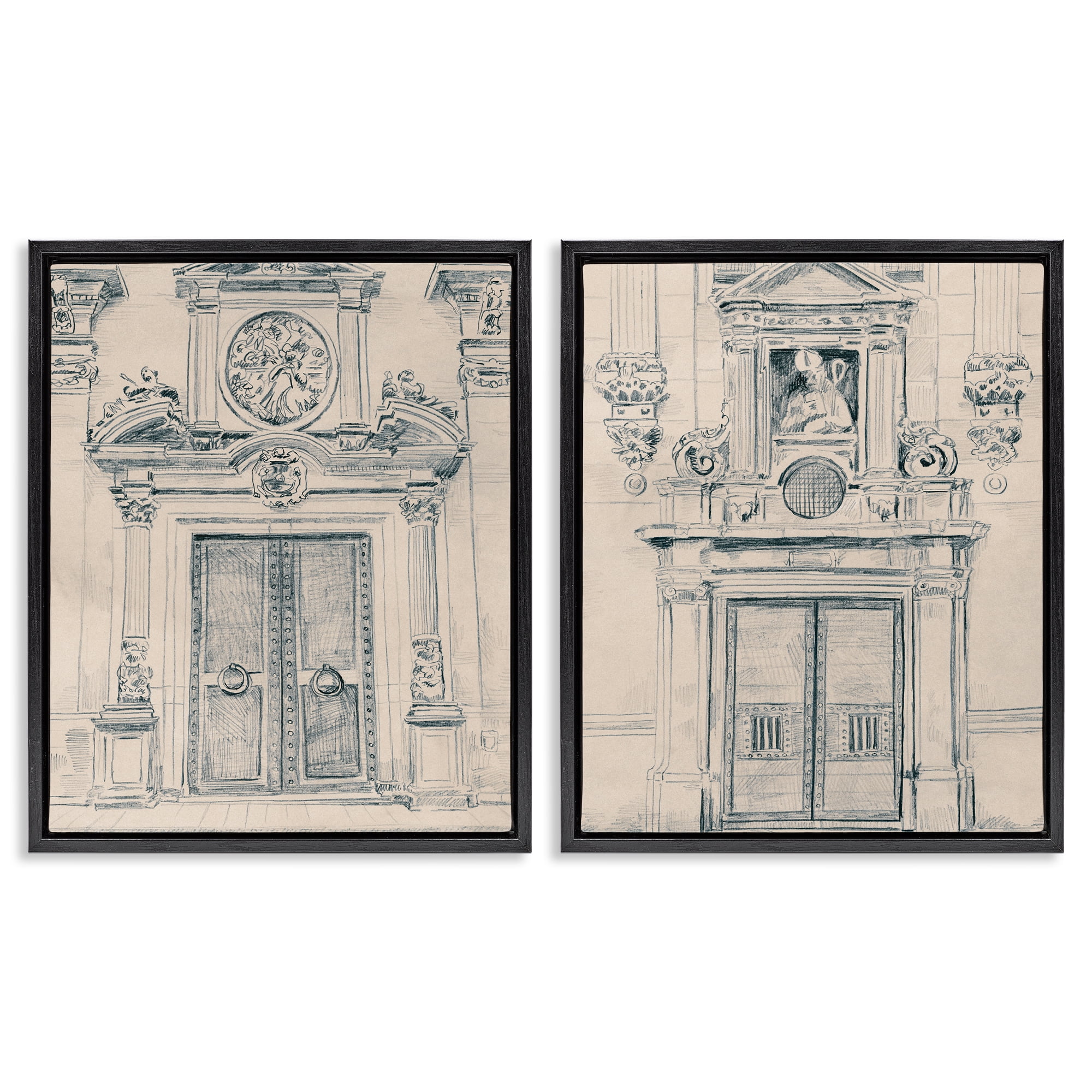 Stupell Industries Pencil Sketch Ornate Door Buildings & Architecture Drawing Black Floater Framed Canvas Art Print Wall Art, 31 x 25, Set of 2