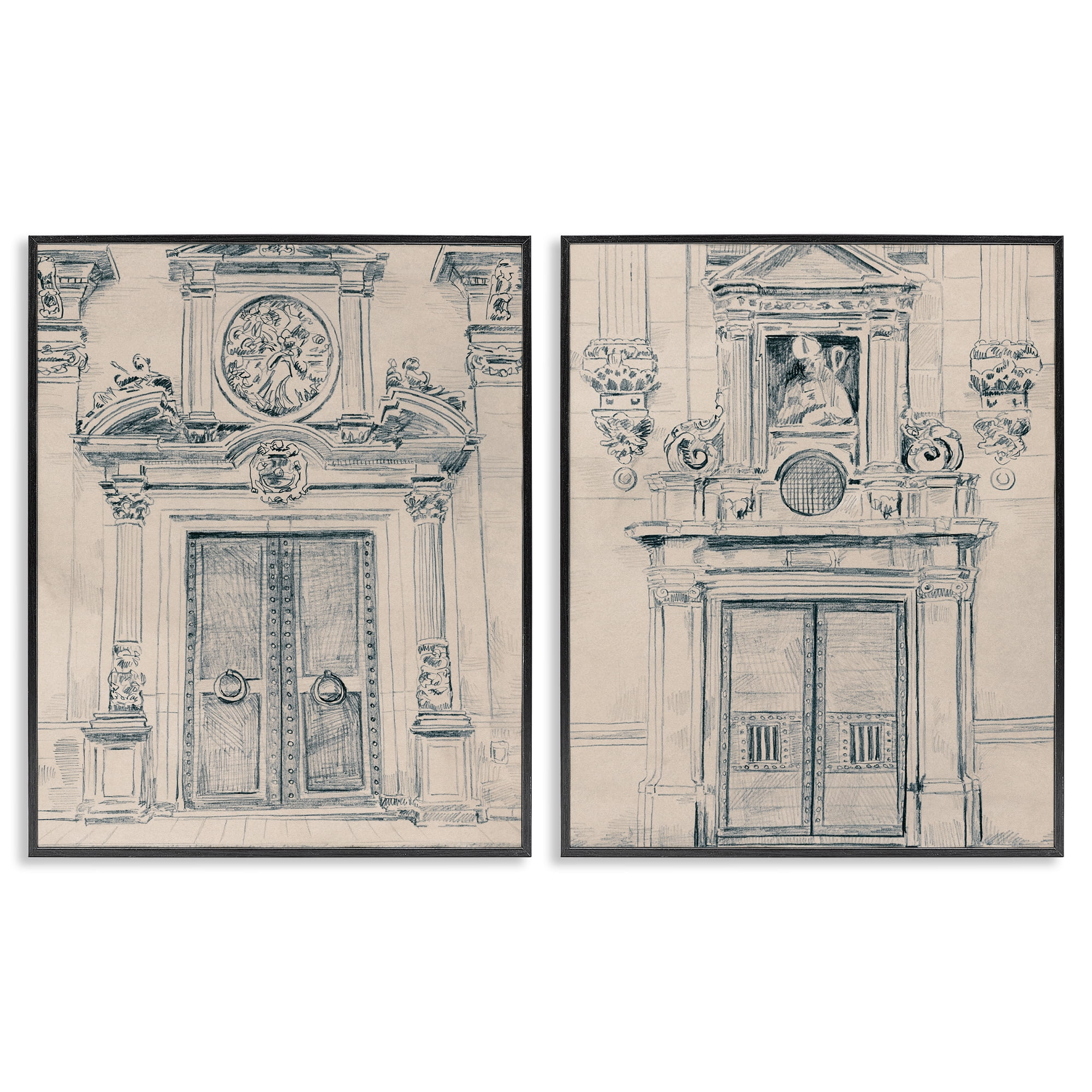 Stupell Industries Pencil Sketch Ornate Door Buildings & Architecture Drawing Black Framed Art Print Wall Art, 11 x 14, Set of 2