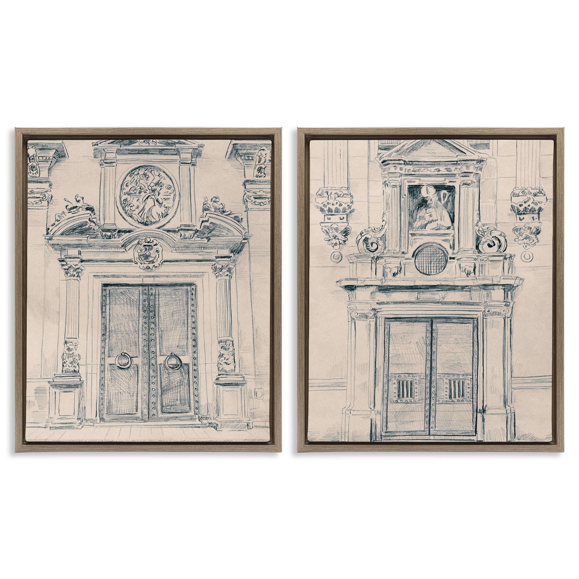 Stupell Industries Pencil Sketch Ornate Door Buildings & Architecture Drawing Brown Floater Framed Canvas Art Print Wall Art, 17 x 21, Set of 2