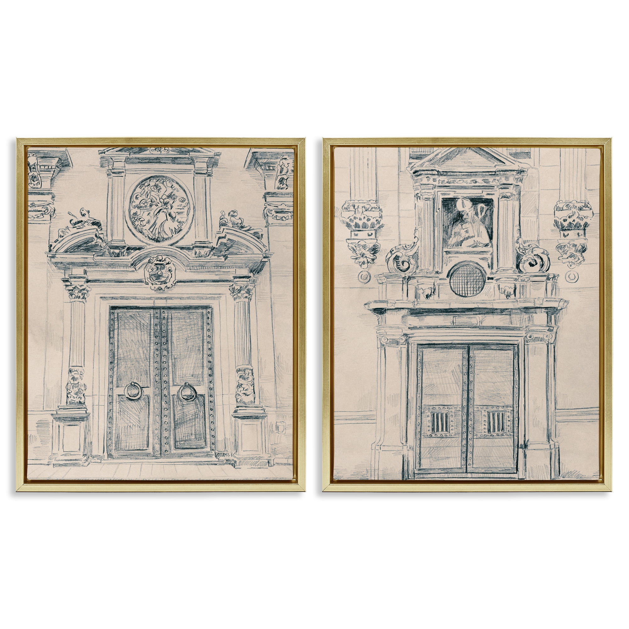 Stupell Industries Pencil Sketch Ornate Door Buildings & Architecture Drawing Gold Floater Framed Canvas Art Print Wall Art, 31 x 25, Set of 2