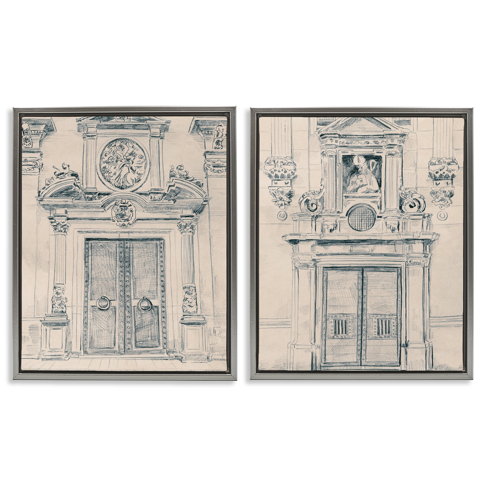 Stupell Industries Pencil Sketch Ornate Door Buildings & Architecture Drawing Gray Floater Framed Canvas Art Print Wall Art, 17 x 21, Set of 2