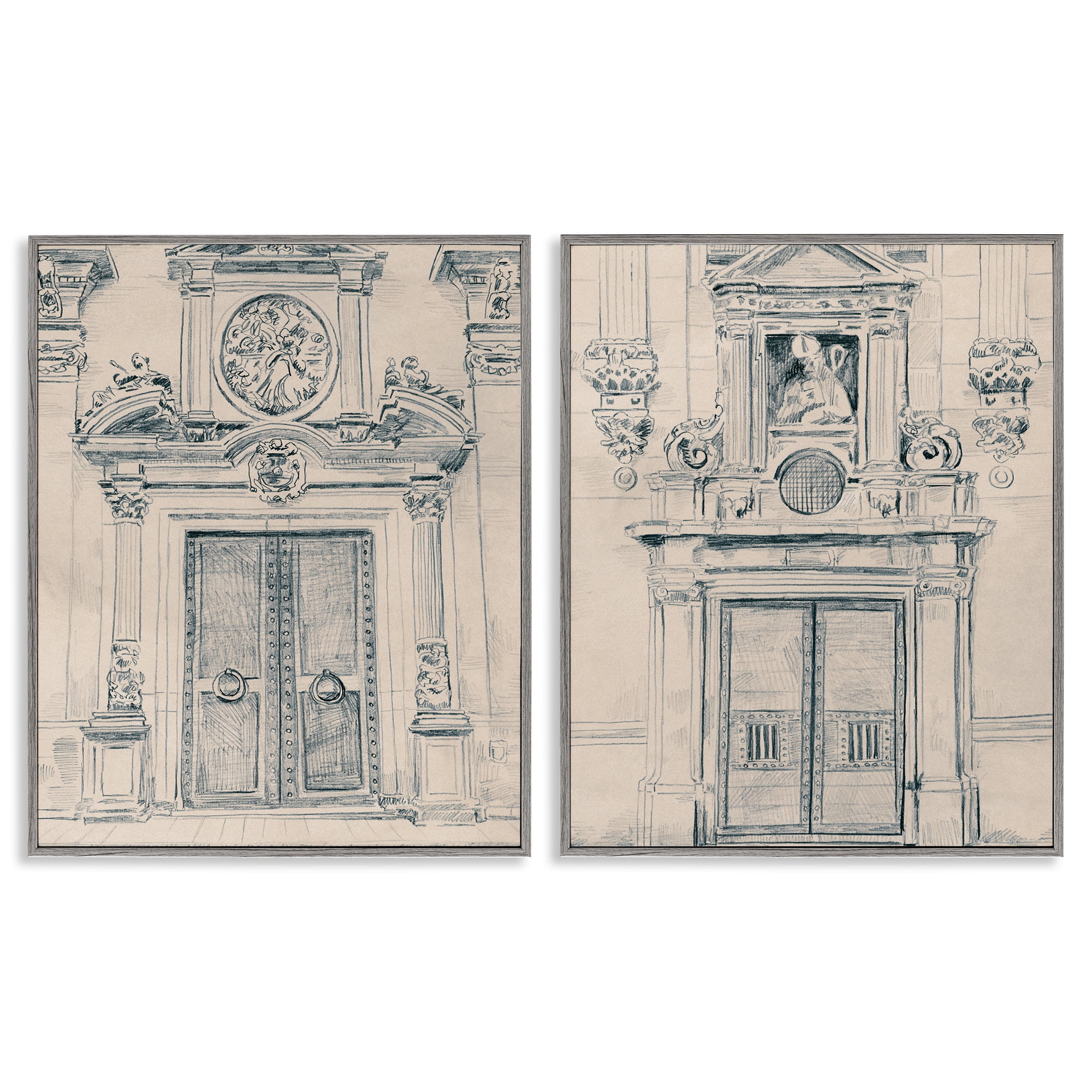 Stupell Industries Pencil Sketch Ornate Door Buildings & Architecture Drawing Gray Framed Art Print Wall Art, 16 x 20, Set of 2