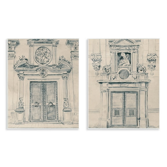 Stupell Industries Pencil Sketch Ornate Door Buildings & Architecture Drawing Unframed Art Print Wall Art, 11 x 14, Set of 2