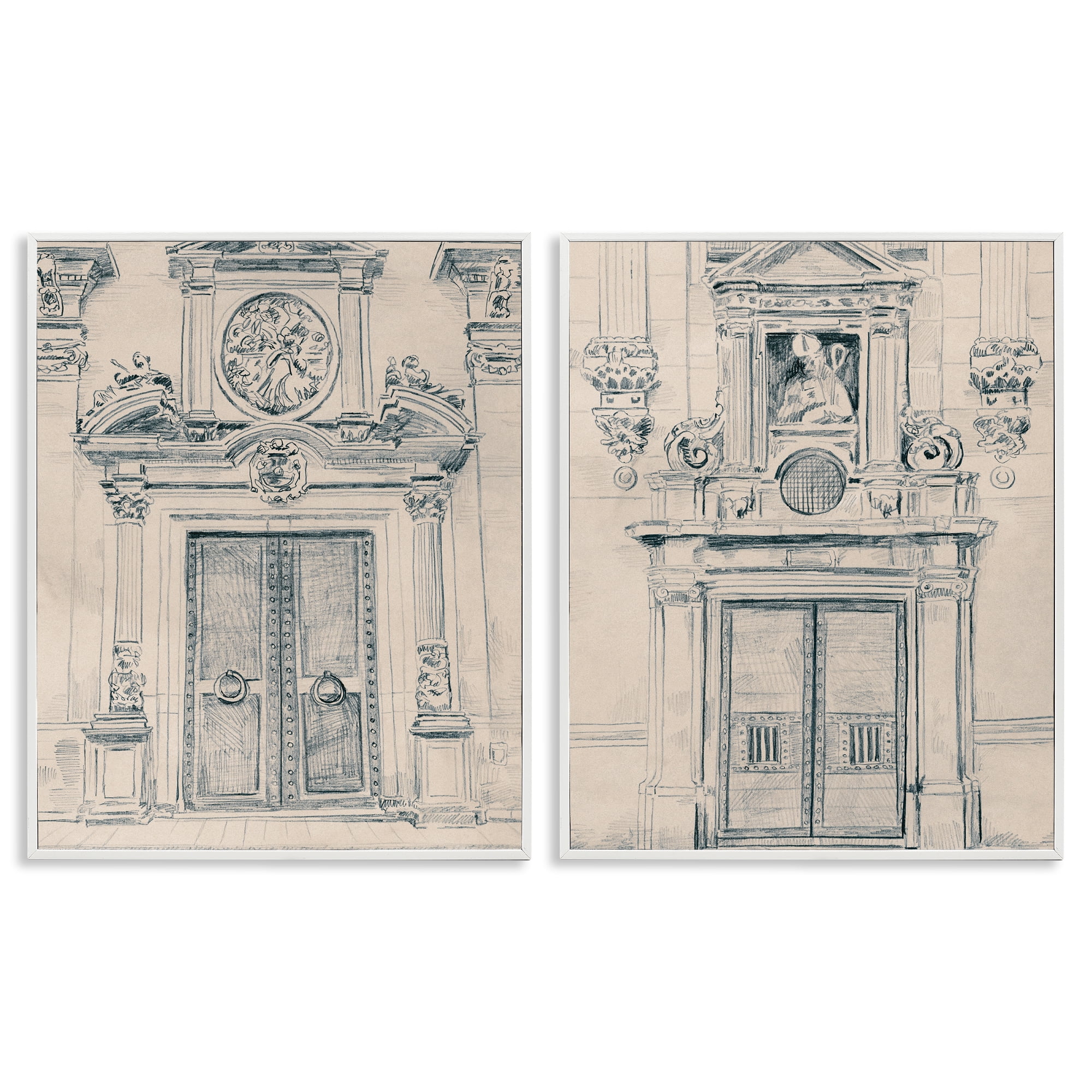Stupell Industries Pencil Sketch Ornate Door Buildings & Architecture Drawing White Framed Art Print Wall Art, 16 x 20, Set of 2