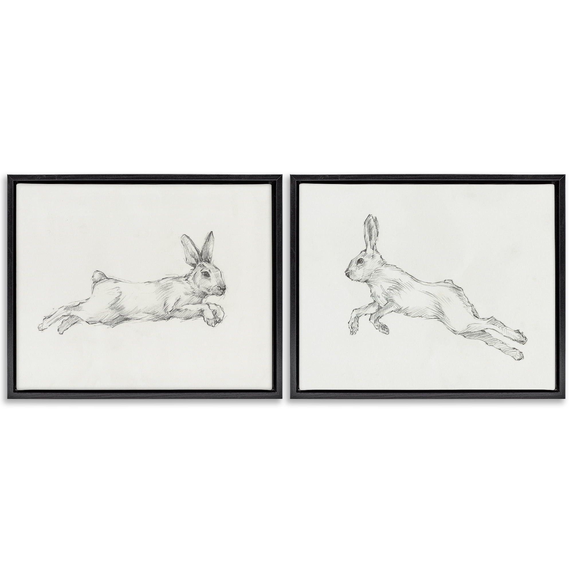Stupell Industries Pencil Sketch Rabbit Jumping Animals Drawing Black Floater Framed Canvas Art Print Wall Art, 21 x 17, Set of 2