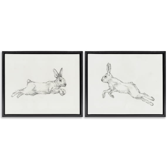 Stupell Industries Pencil Sketch Rabbit Jumping Animals Drawing Black Floater Framed Canvas Art Print Wall Art, 21 x 17, Set of 2