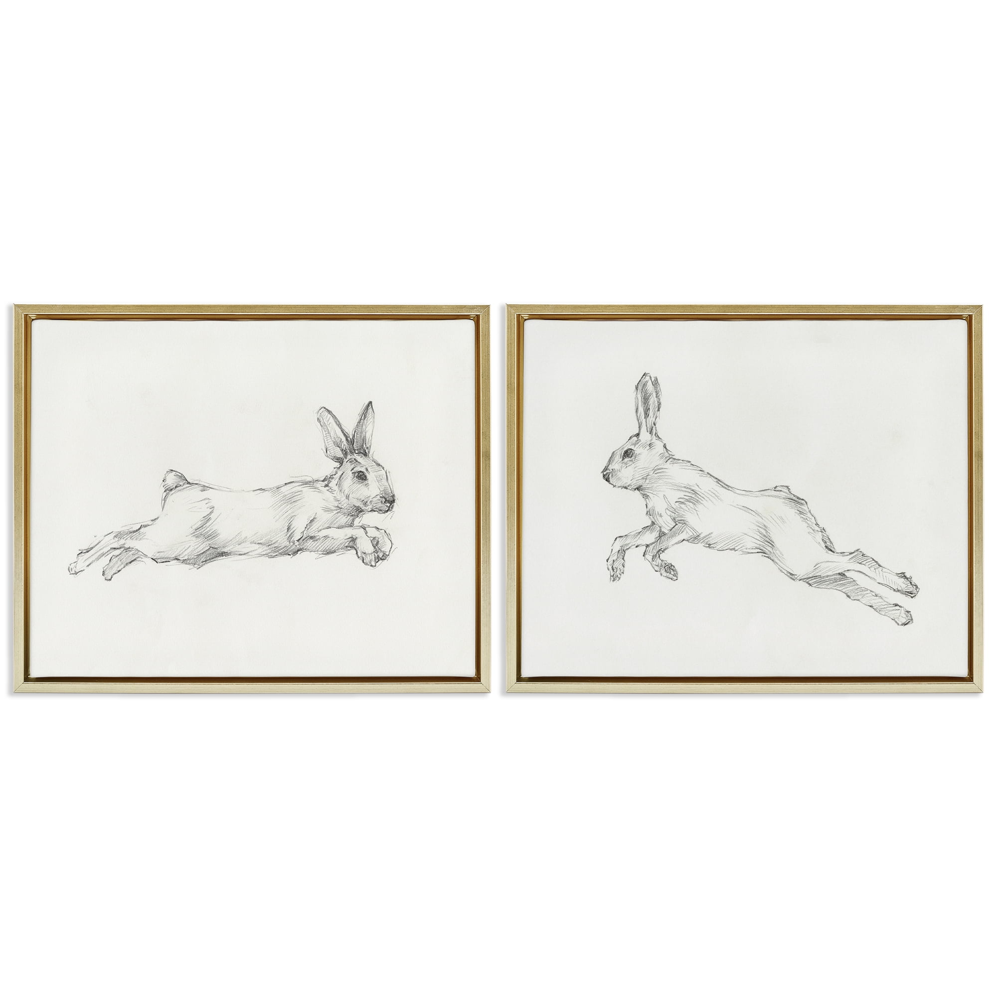 Stupell Industries Pencil Sketch Rabbit Jumping Animals Drawing Gold Floater Framed Canvas Art Print Wall Art, 31 x 25, Set of 2
