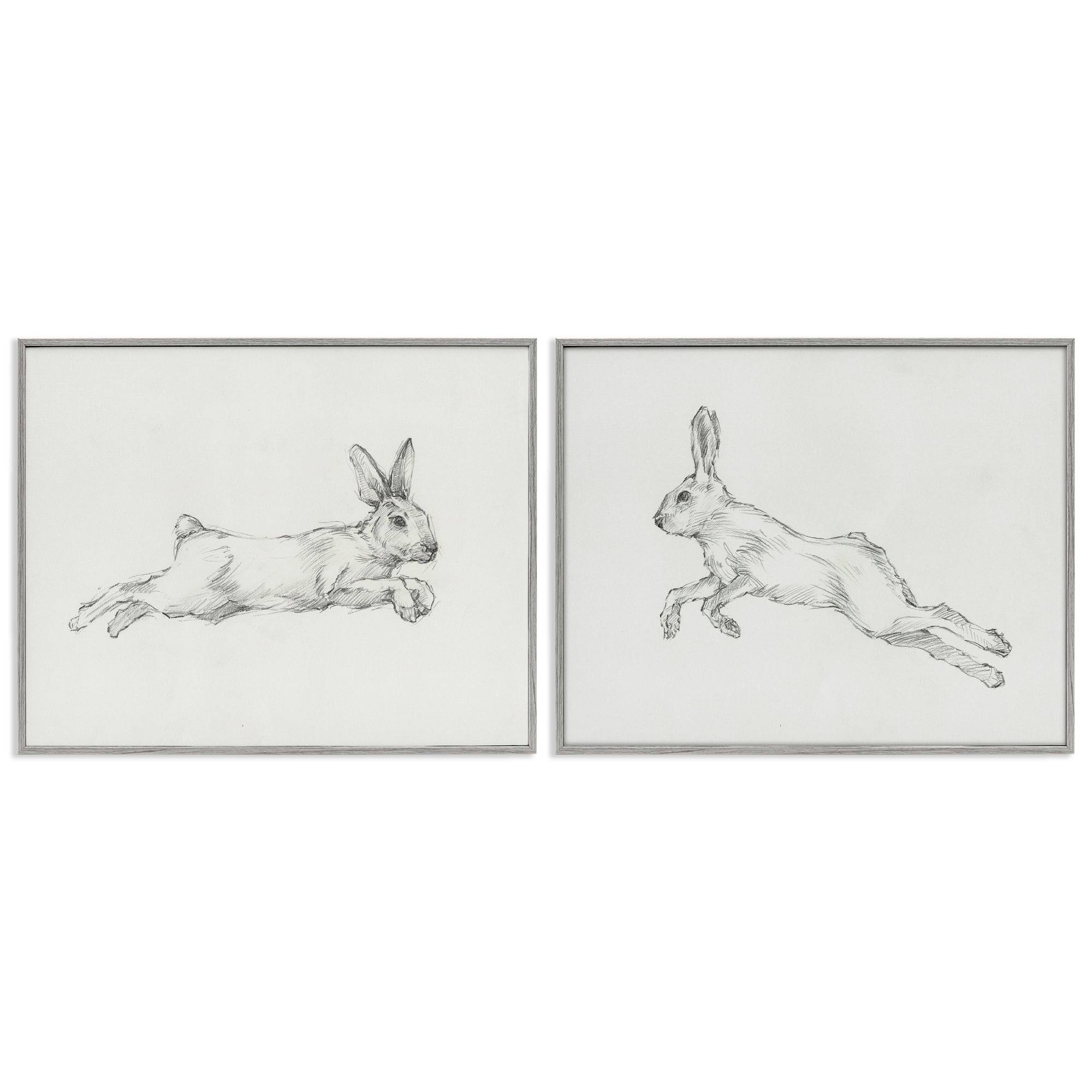 Stupell Industries Pencil Sketch Rabbit Jumping Animals Drawing Gray Framed Art Print Wall Art, 14 x 11, Set of 2