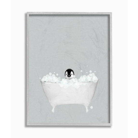 Stupell Industries Penguin Blue Bath Cute Animal Design Graphic Art Gray Framed Art Print Wall Art, 11x14, by Leah Straatsma